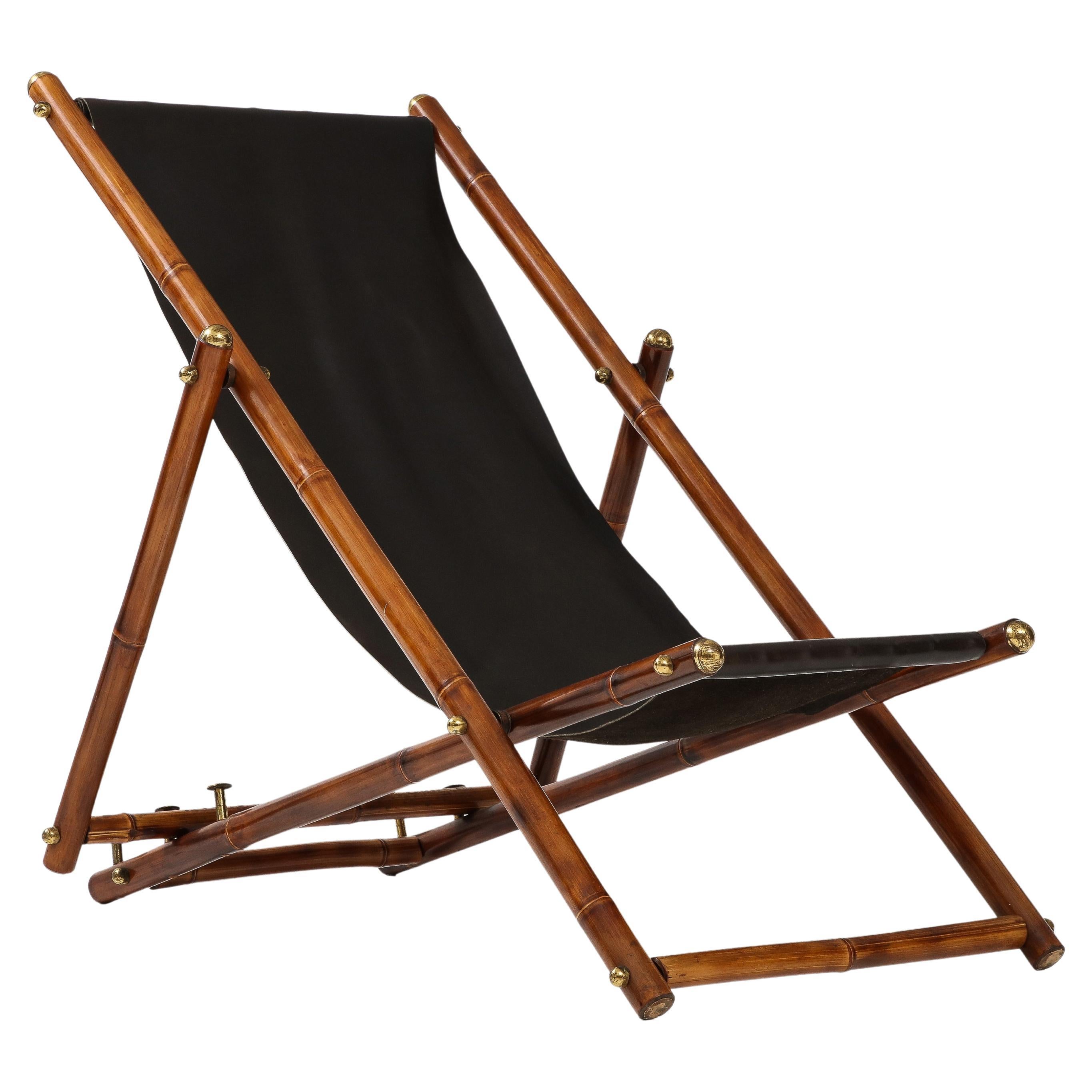 Italian Bamboo and Black Leather Sling Reclining Campaign Chair, 1970s For Sale