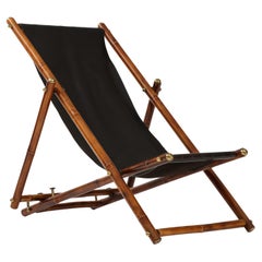 Italian Bamboo and Black Leather Sling Reclining Campaign Chair, 1970s