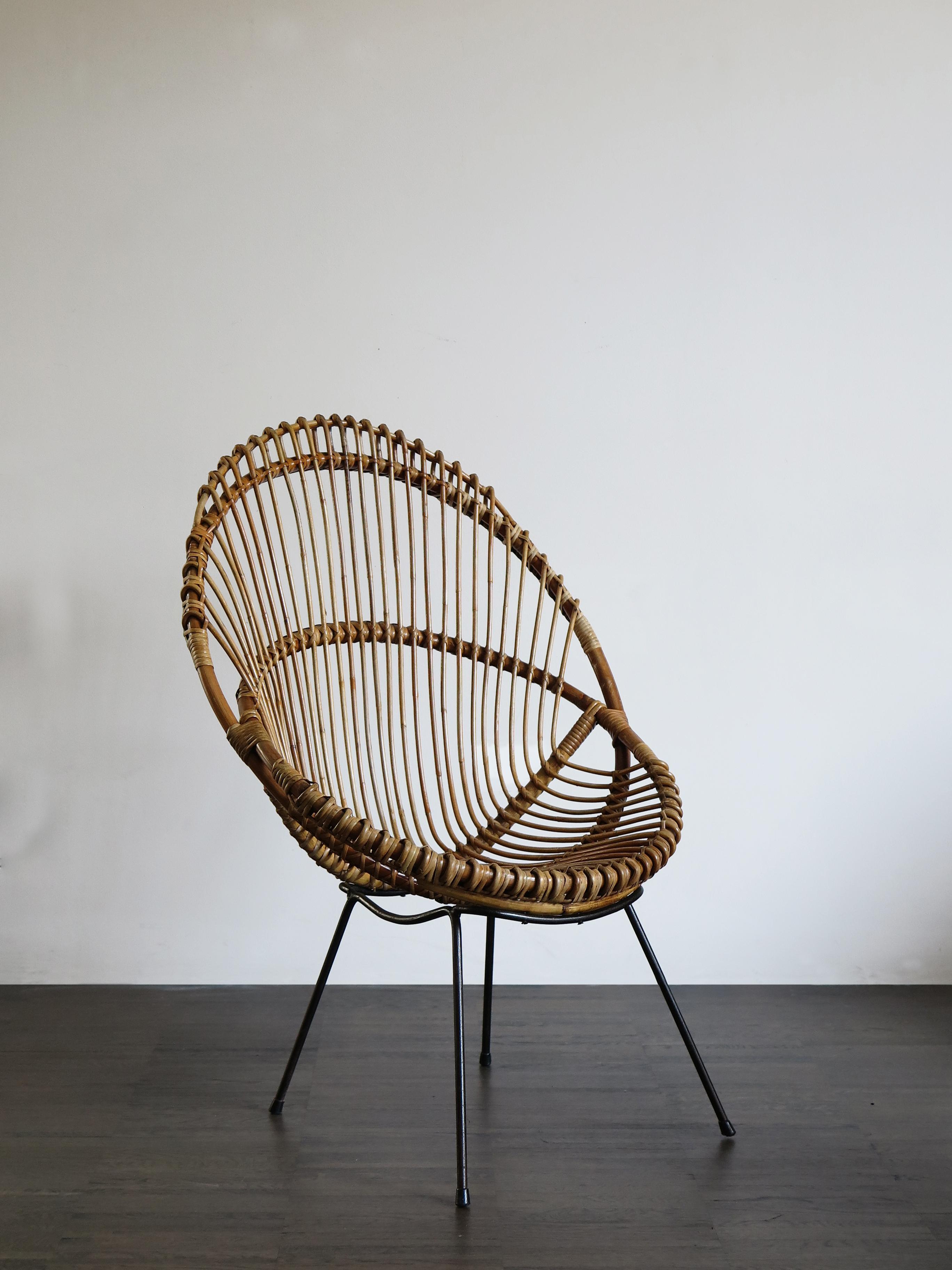 Mid-Century Modern Italian Bamboo and Black Metal Chairs Armchairs, 1960s