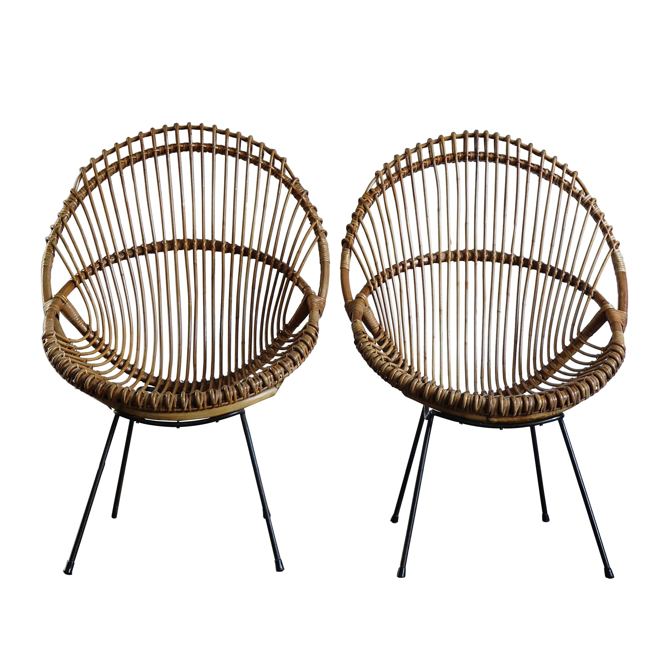 Italian Bamboo and Black Metal Chairs Armchairs, 1960s