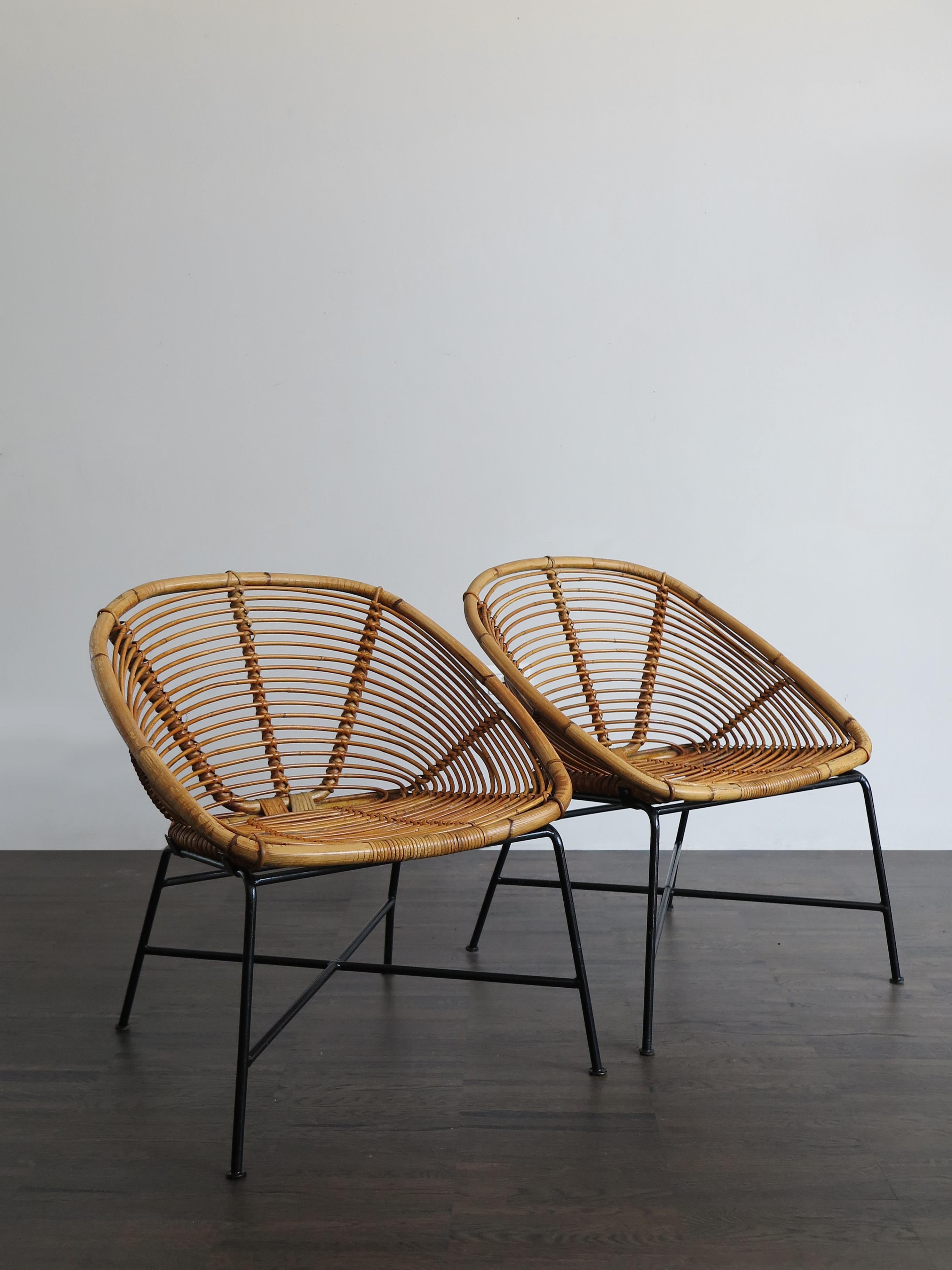 European Italian Bamboo and Bllack Metal Chairs Armchairs, 1960s