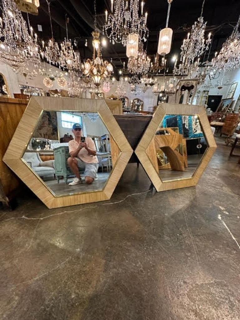 Modern Italian Bamboo and Brass Hexagon Mirrors For Sale