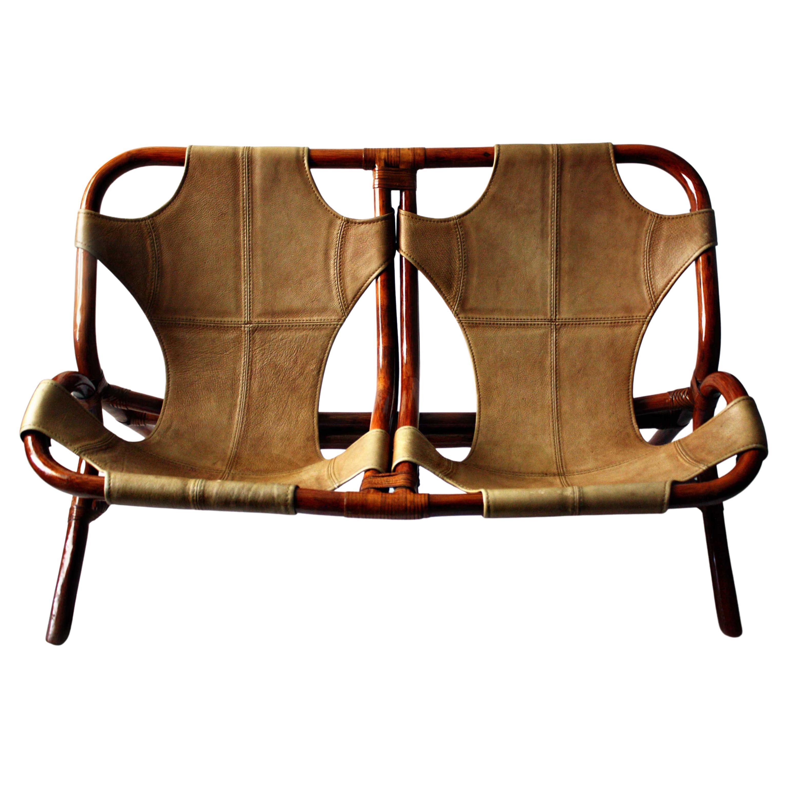 Italian Bamboo and Leather Sling Back Settee, Italy, circa 1970s