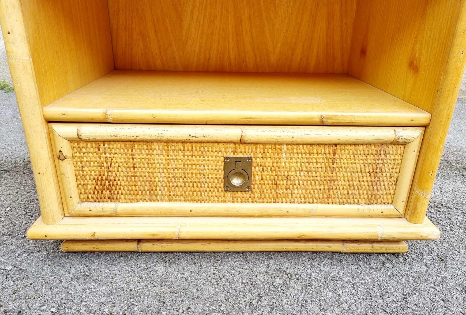 Laiton Table de chevet italienne en bambou et rotin par Dal Vera, Italie, années 70 en vente