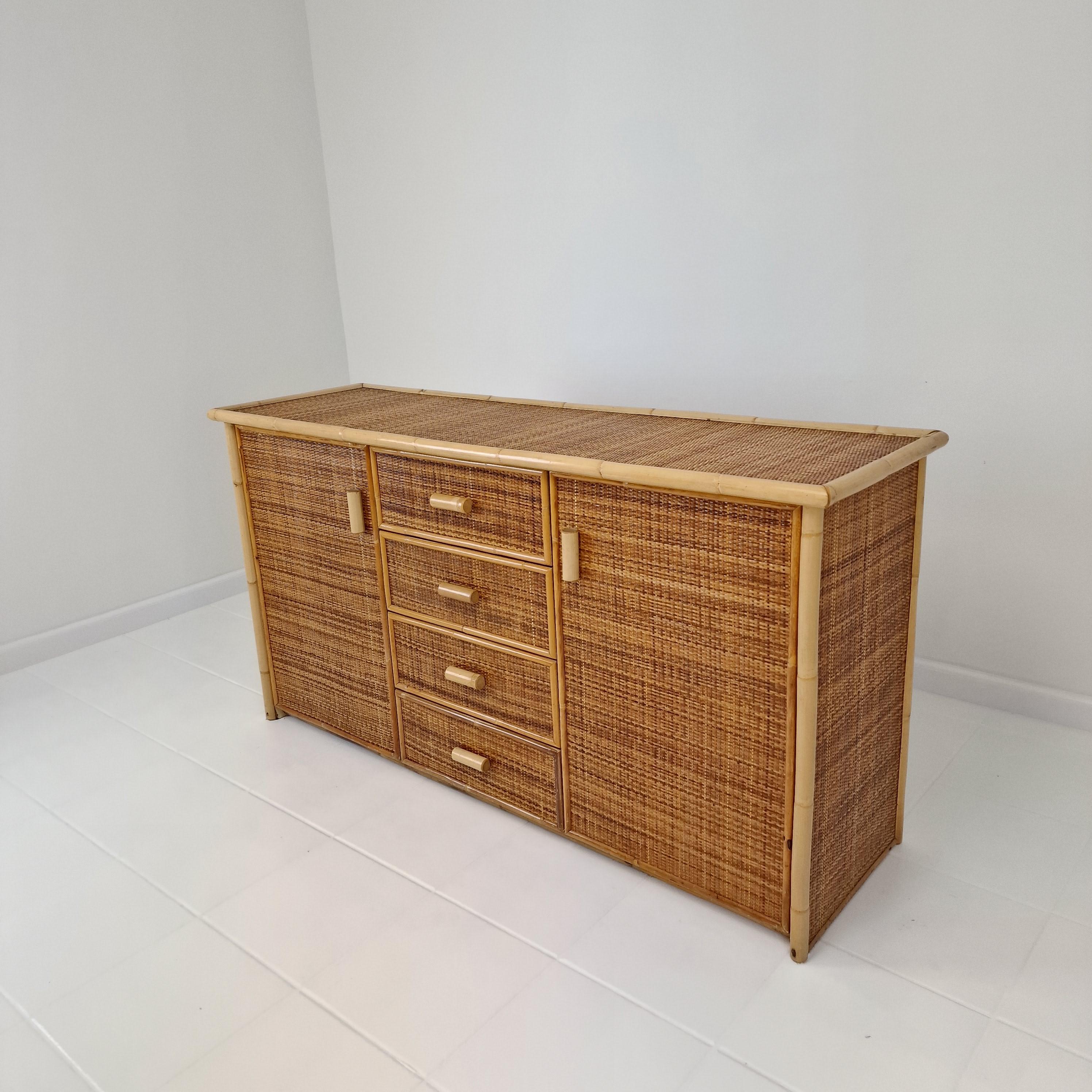 Mid-Century Modern Italian Bamboo and Rattan Chest of Drawers or Credenza, 1980s For Sale