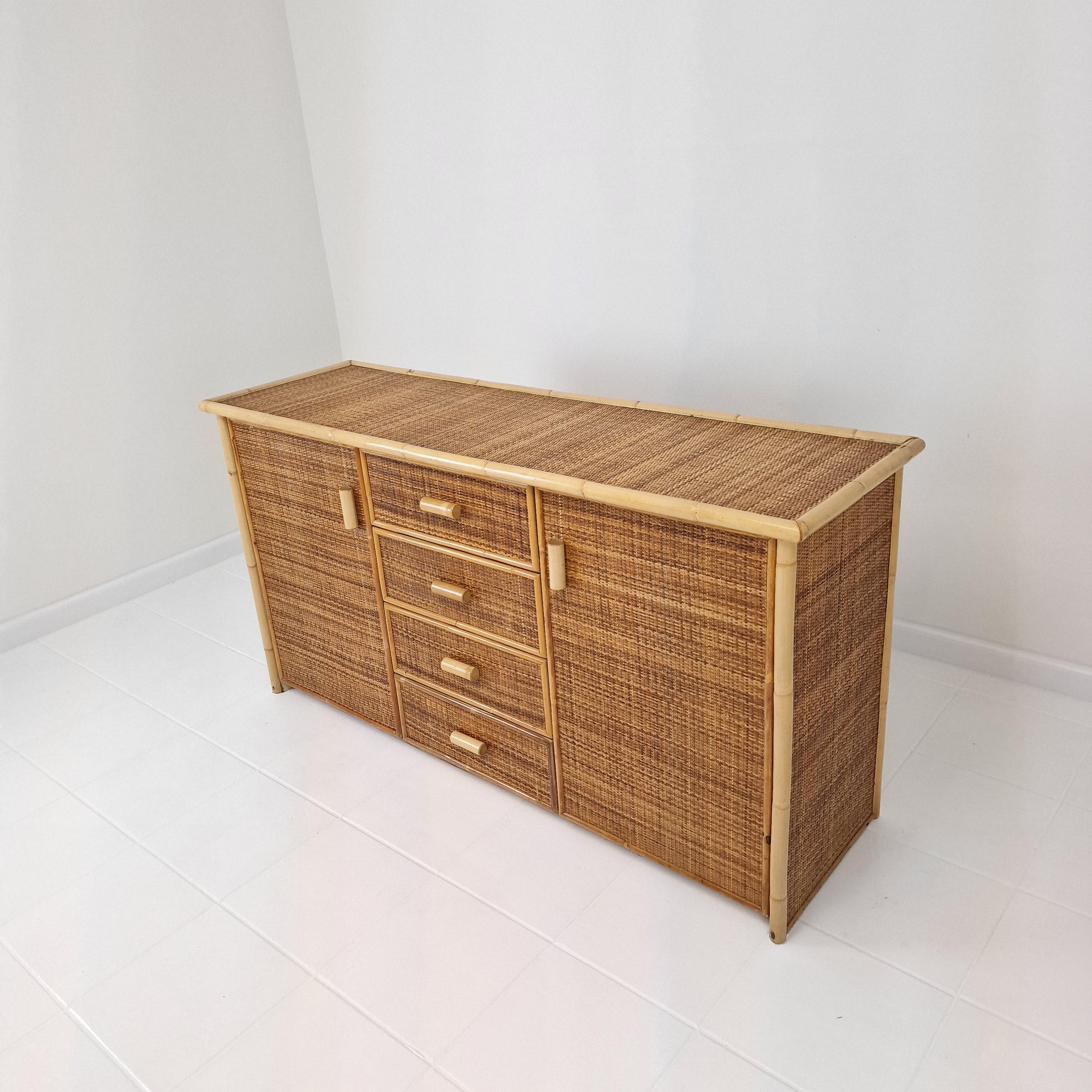 Hand-Crafted Italian Bamboo and Rattan Chest of Drawers or Credenza, 1980s For Sale