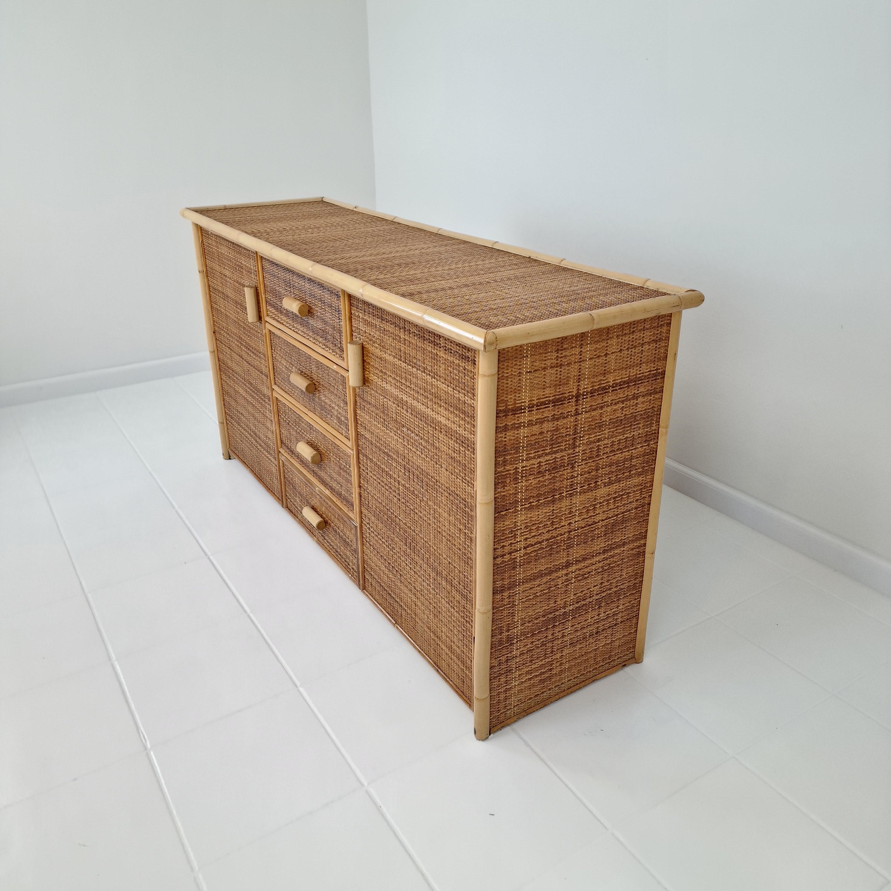 Late 20th Century Italian Bamboo and Rattan Chest of Drawers or Credenza, 1980s For Sale