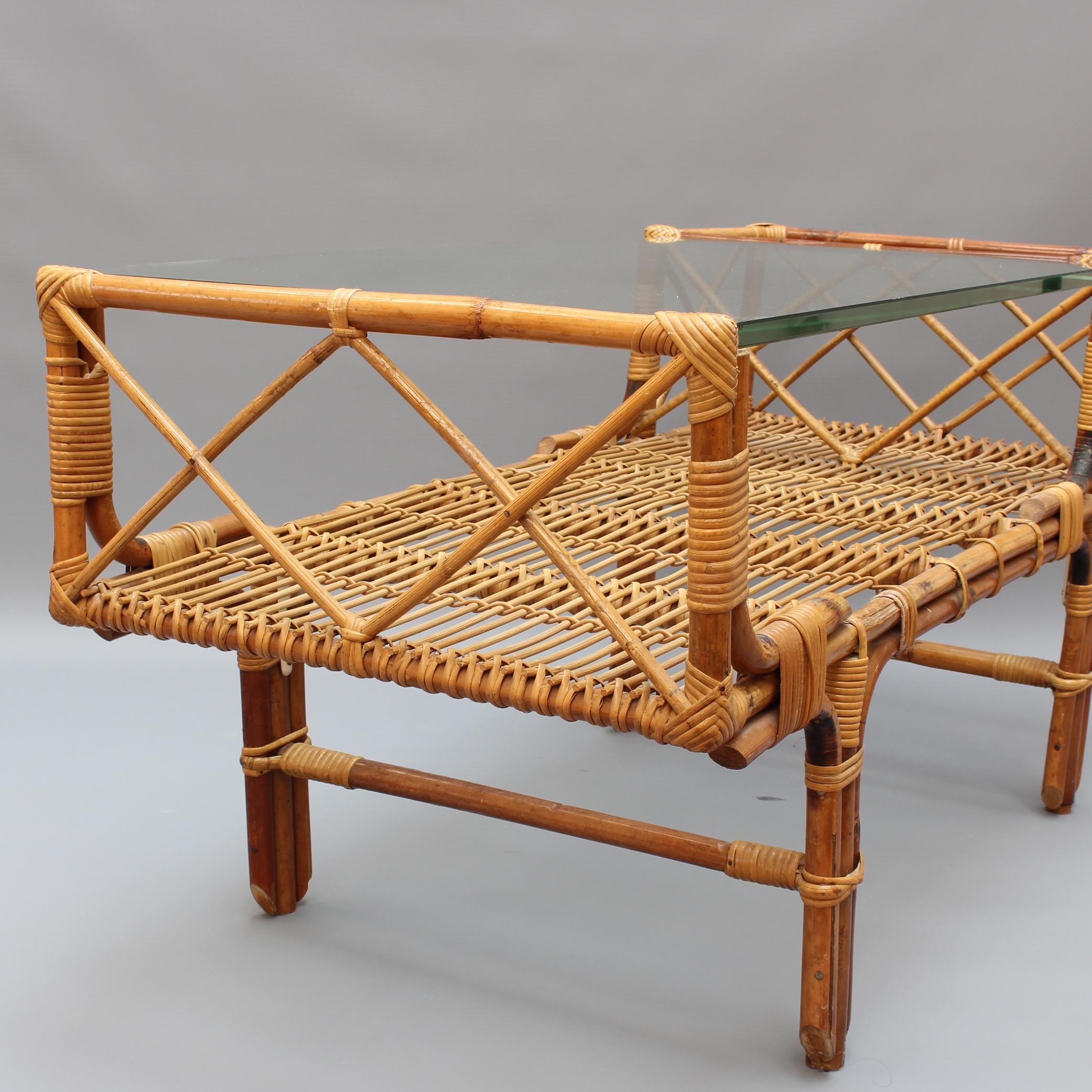 Mid-20th Century Italian Bamboo and Rattan Coffee Table with Glass Top, circa 1960s
