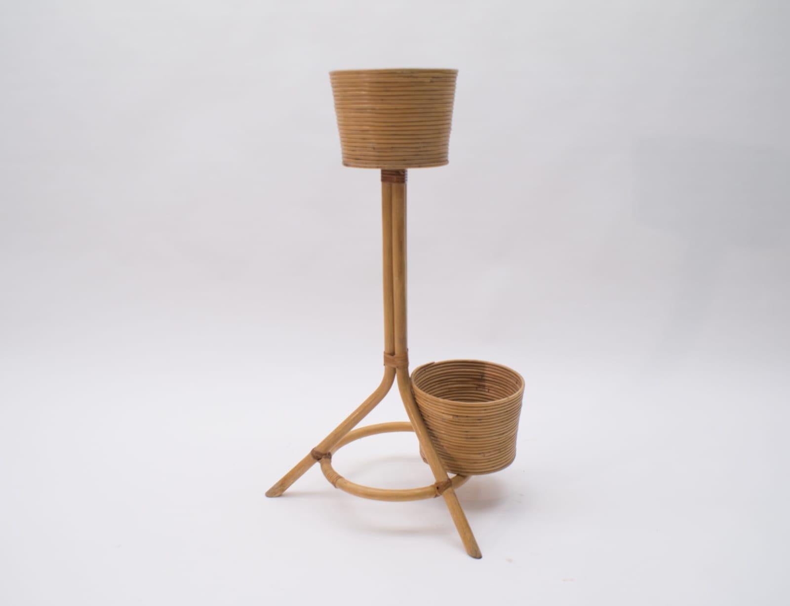 Mid-Century Modern Italian Bamboo and Rattan Flower Stand or Plant Holder, 1950s For Sale