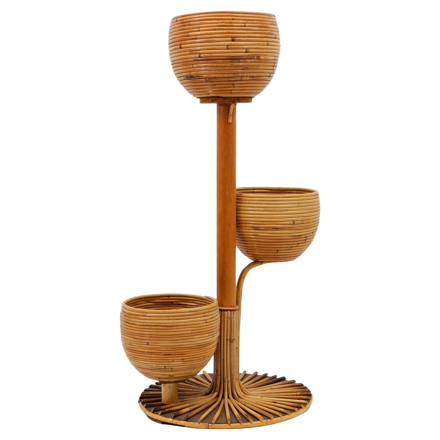 Italian Bamboo and Rattan Flower Stand or Plant Holder, 1950s