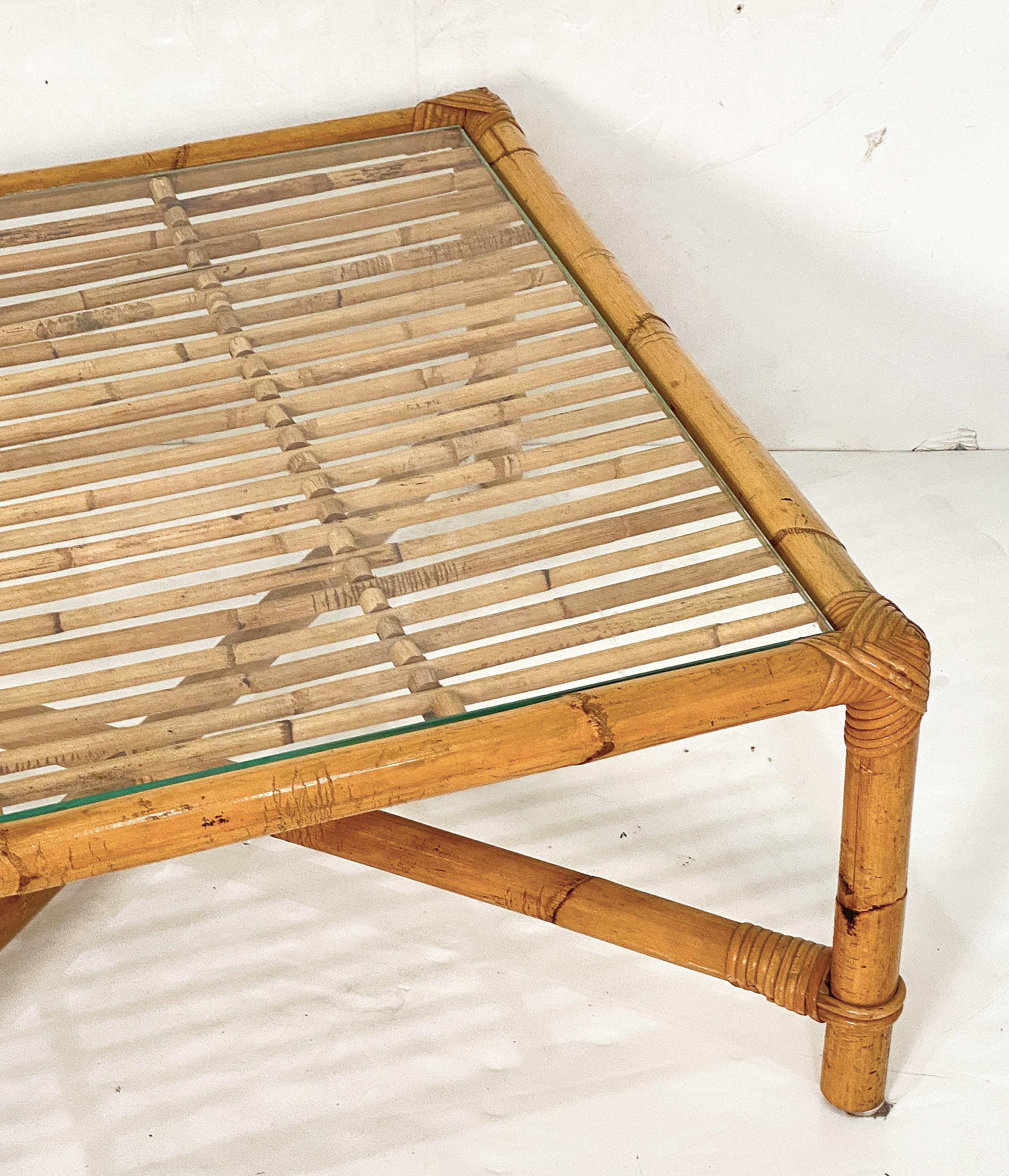 Italian Bamboo and Rattan Low or Coffee Table with Square Glass Top For Sale 5