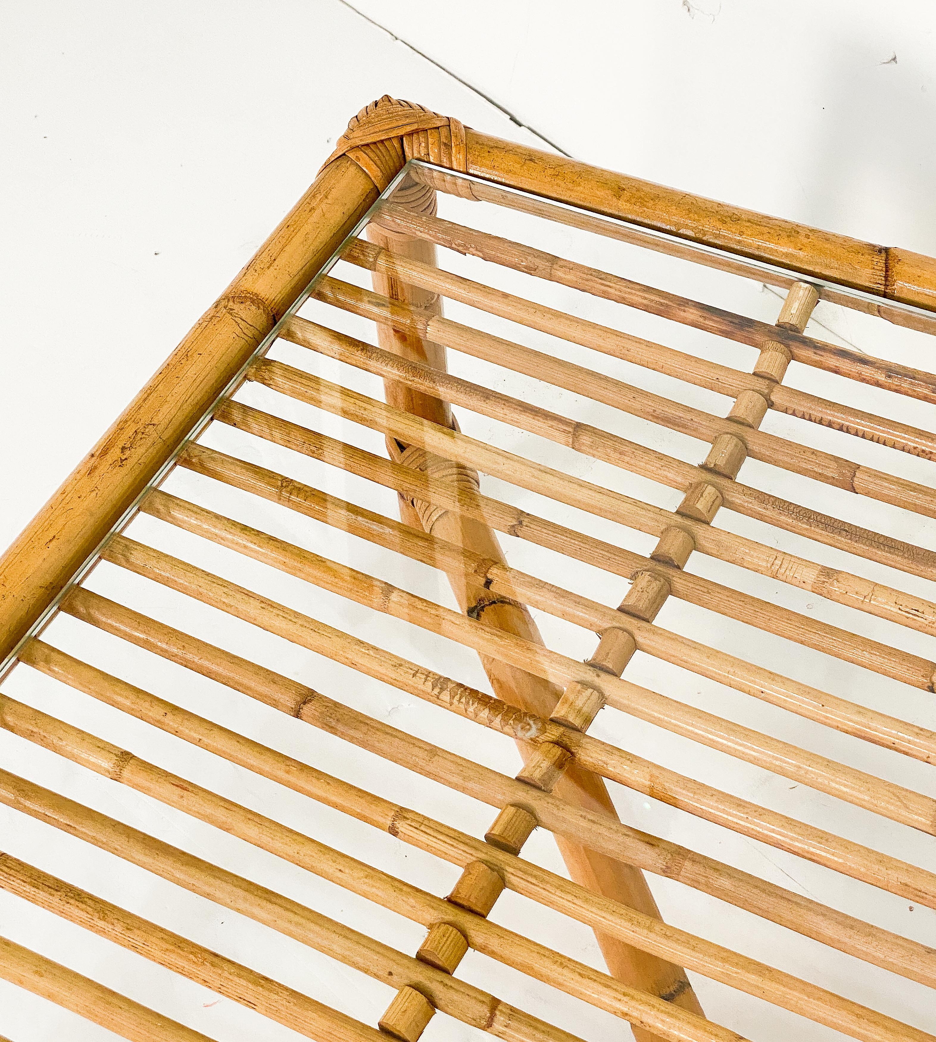 Italian Bamboo and Rattan Low or Coffee Table with Square Glass Top For Sale 7