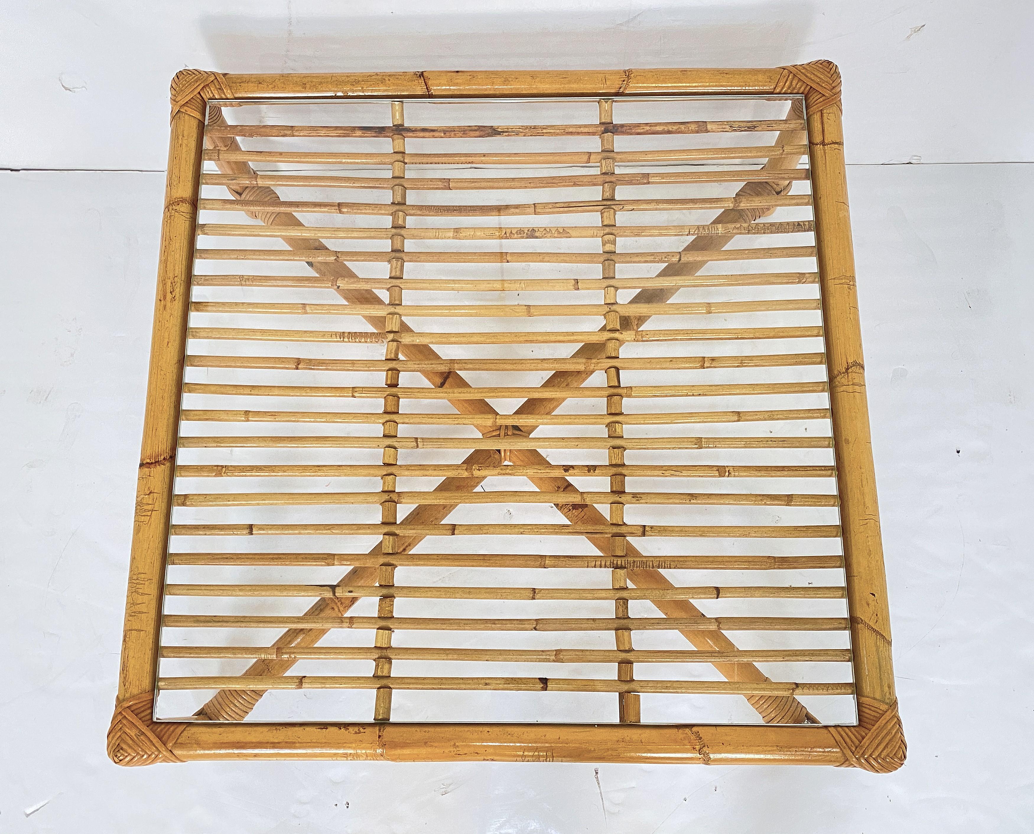Italian Bamboo and Rattan Low or Coffee Table with Square Glass Top For Sale 8