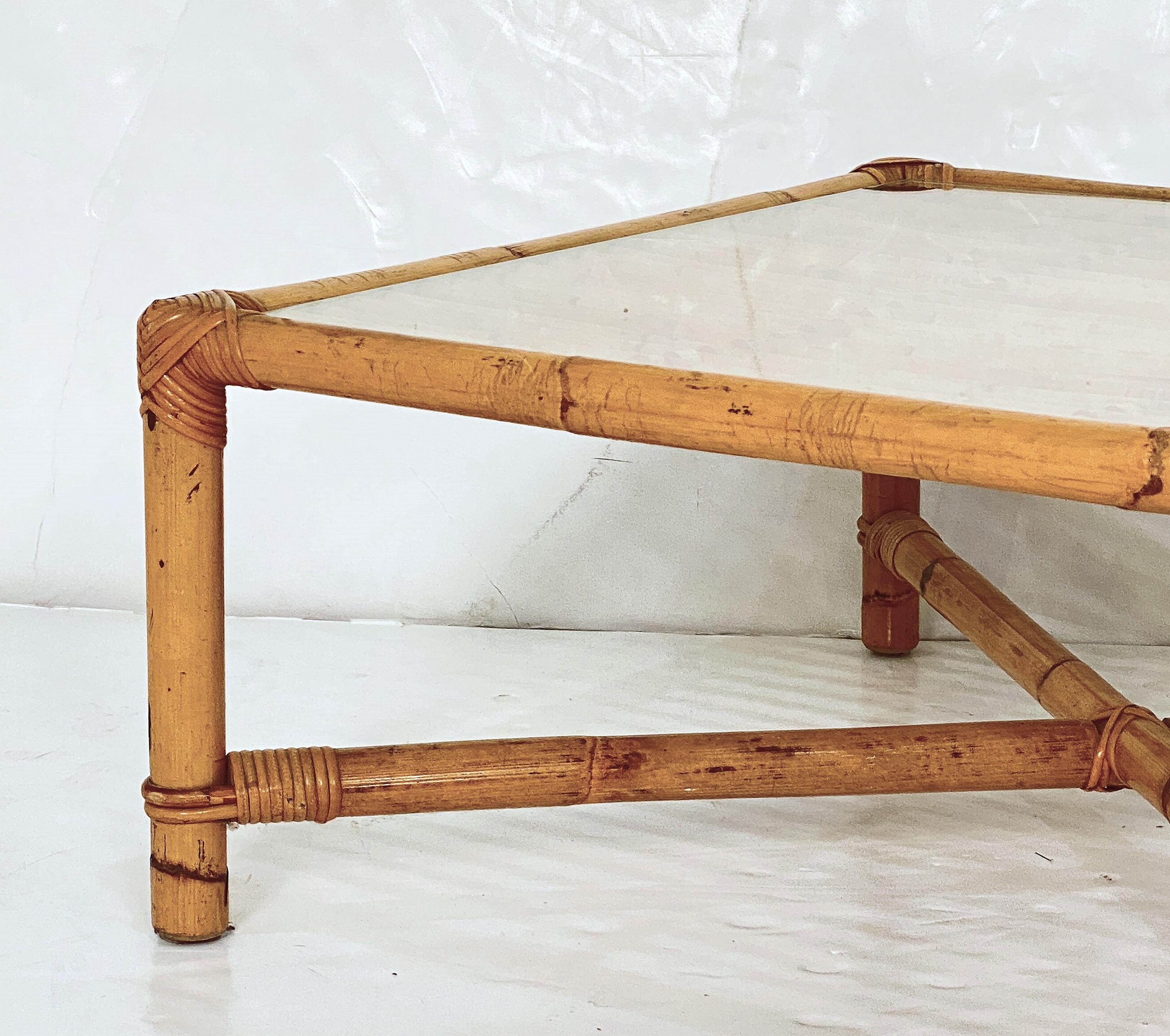 Mid-Century Modern Italian Bamboo and Rattan Low or Coffee Table with Square Glass Top For Sale