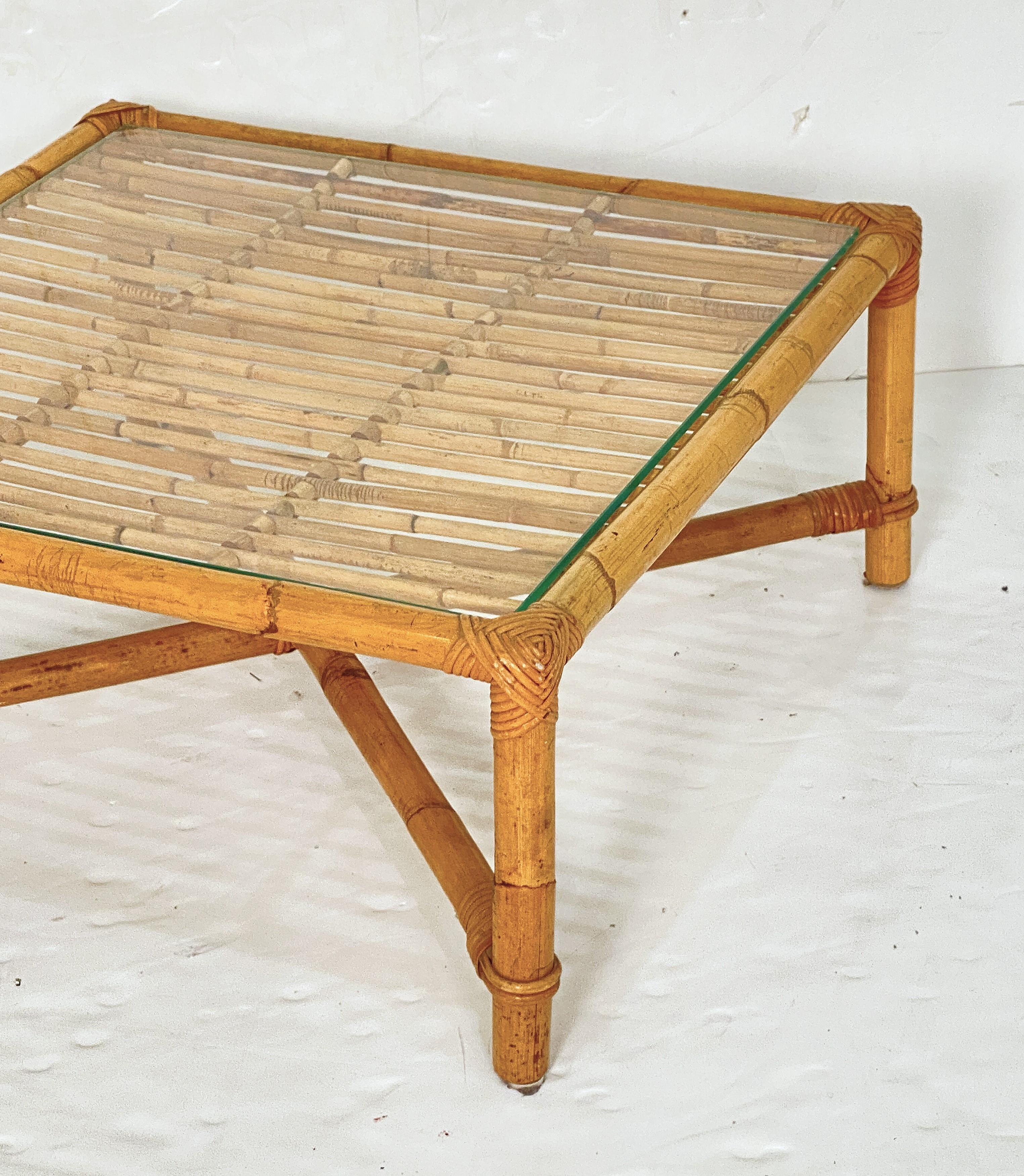 Italian Bamboo and Rattan Low or Coffee Table with Square Glass Top In Good Condition For Sale In Austin, TX