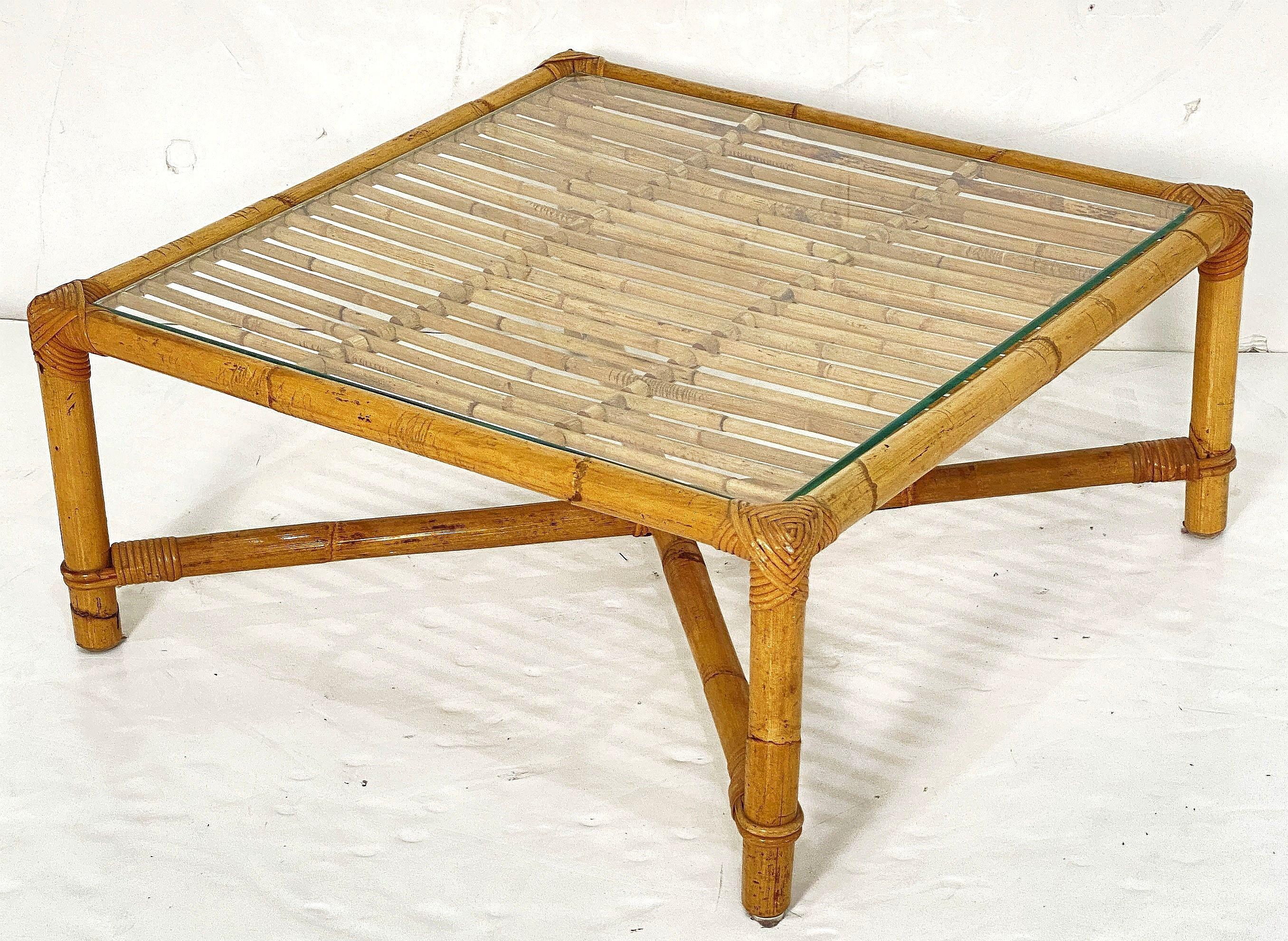 20th Century Italian Bamboo and Rattan Low or Coffee Table with Square Glass Top For Sale
