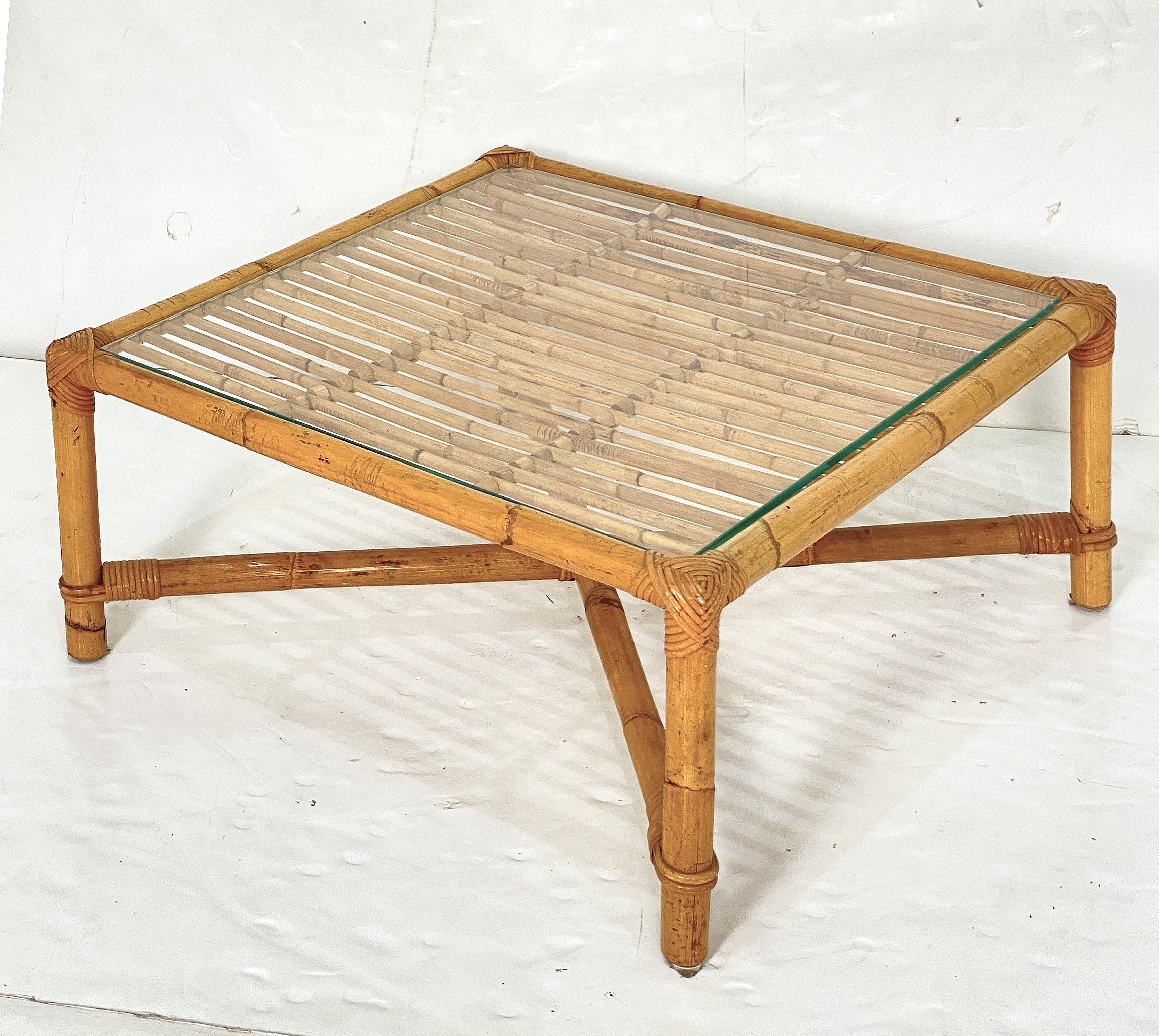 Italian Bamboo and Rattan Low or Coffee Table with Square Glass Top For Sale 1