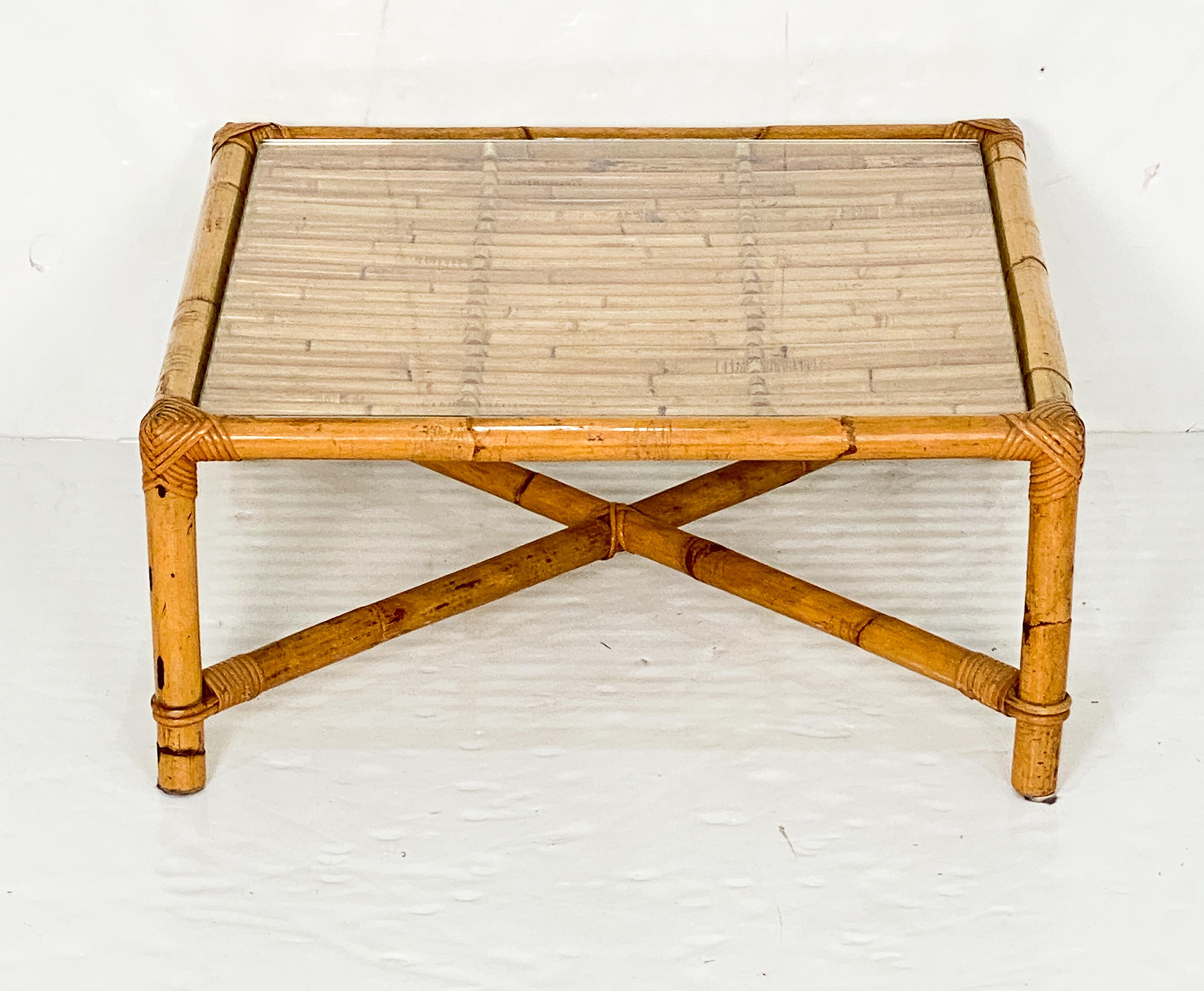 Italian Bamboo and Rattan Low or Coffee Table with Square Glass Top For Sale 2