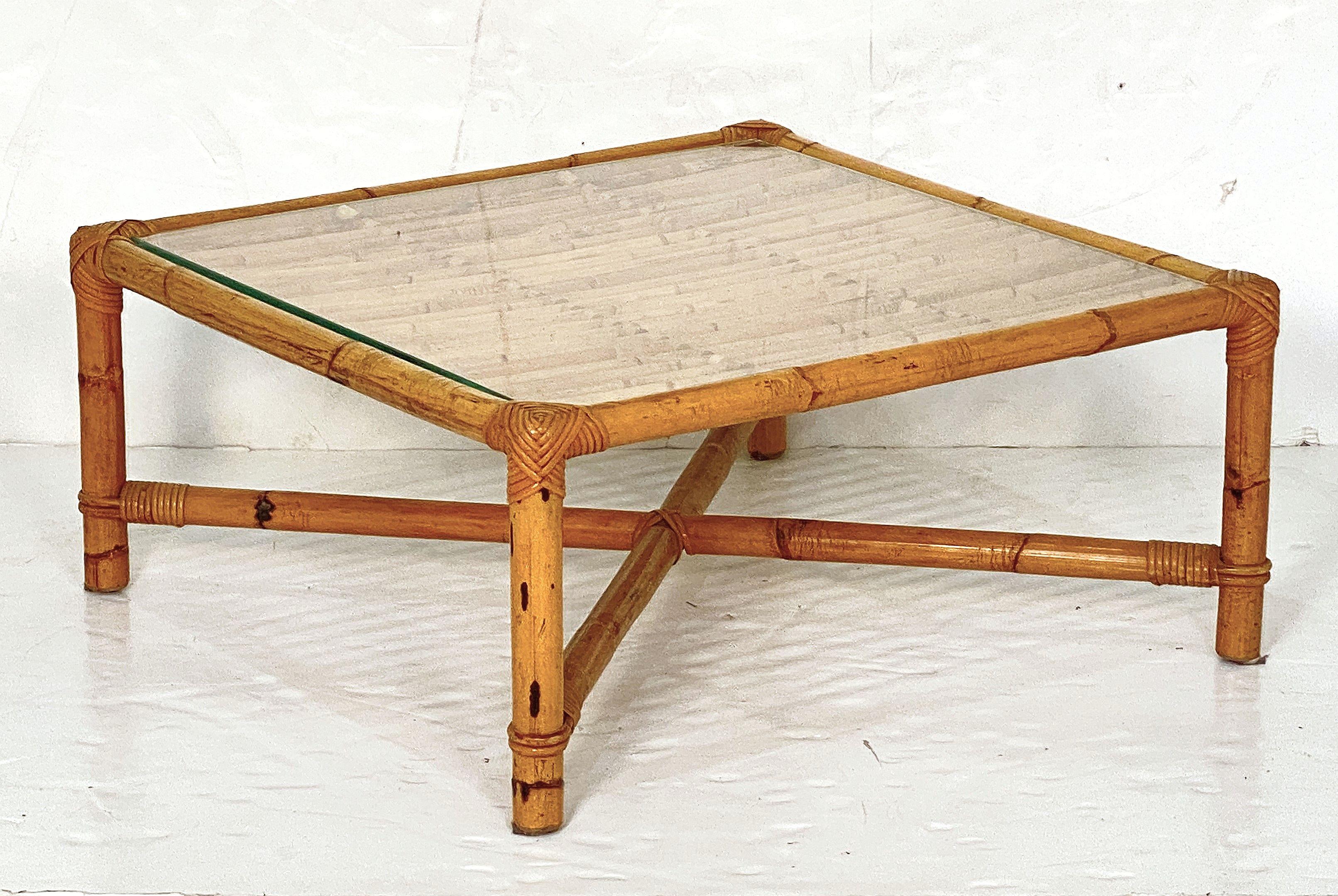 Italian Bamboo and Rattan Low or Coffee Table with Square Glass Top For Sale 3