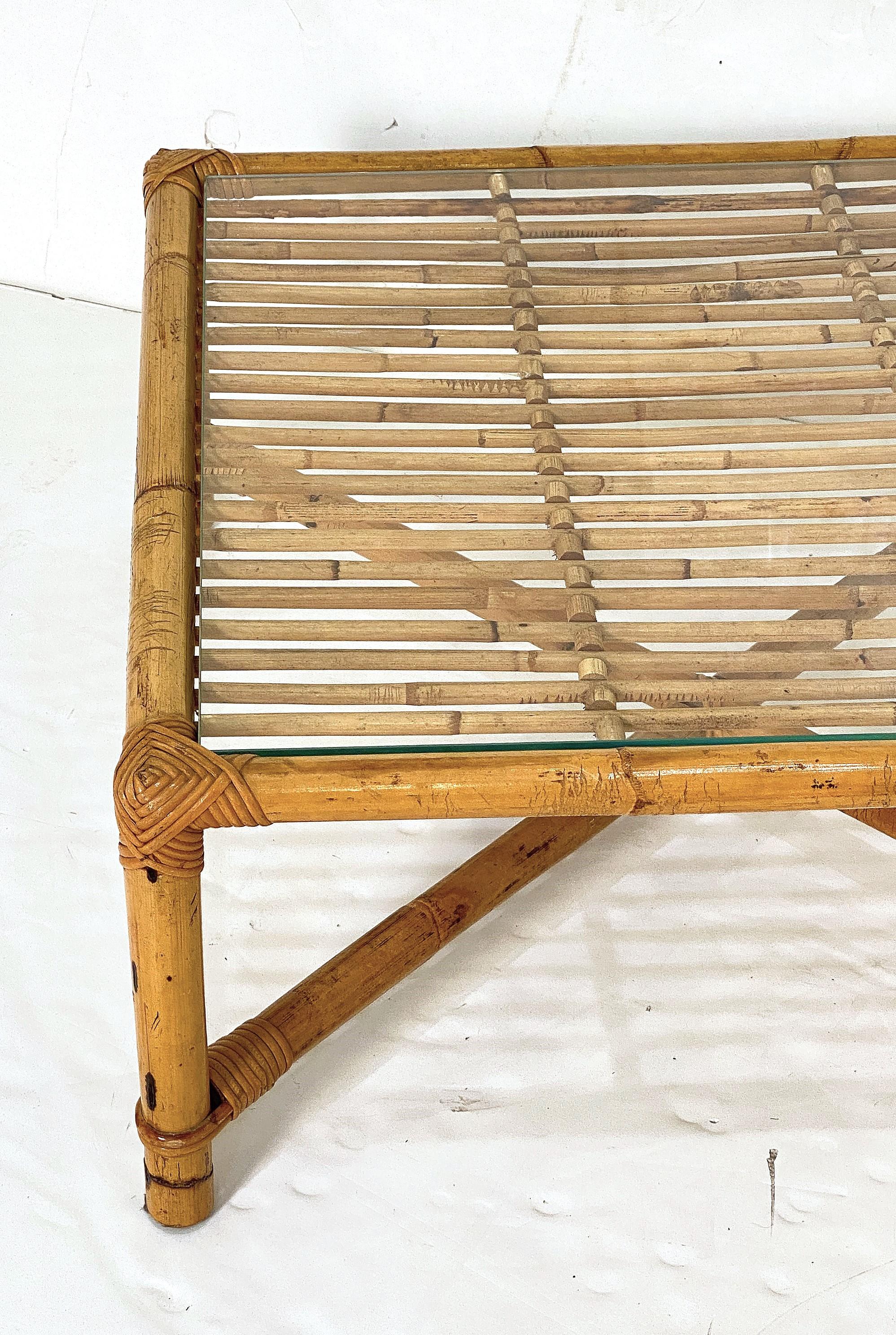 Italian Bamboo and Rattan Low or Coffee Table with Square Glass Top For Sale 4