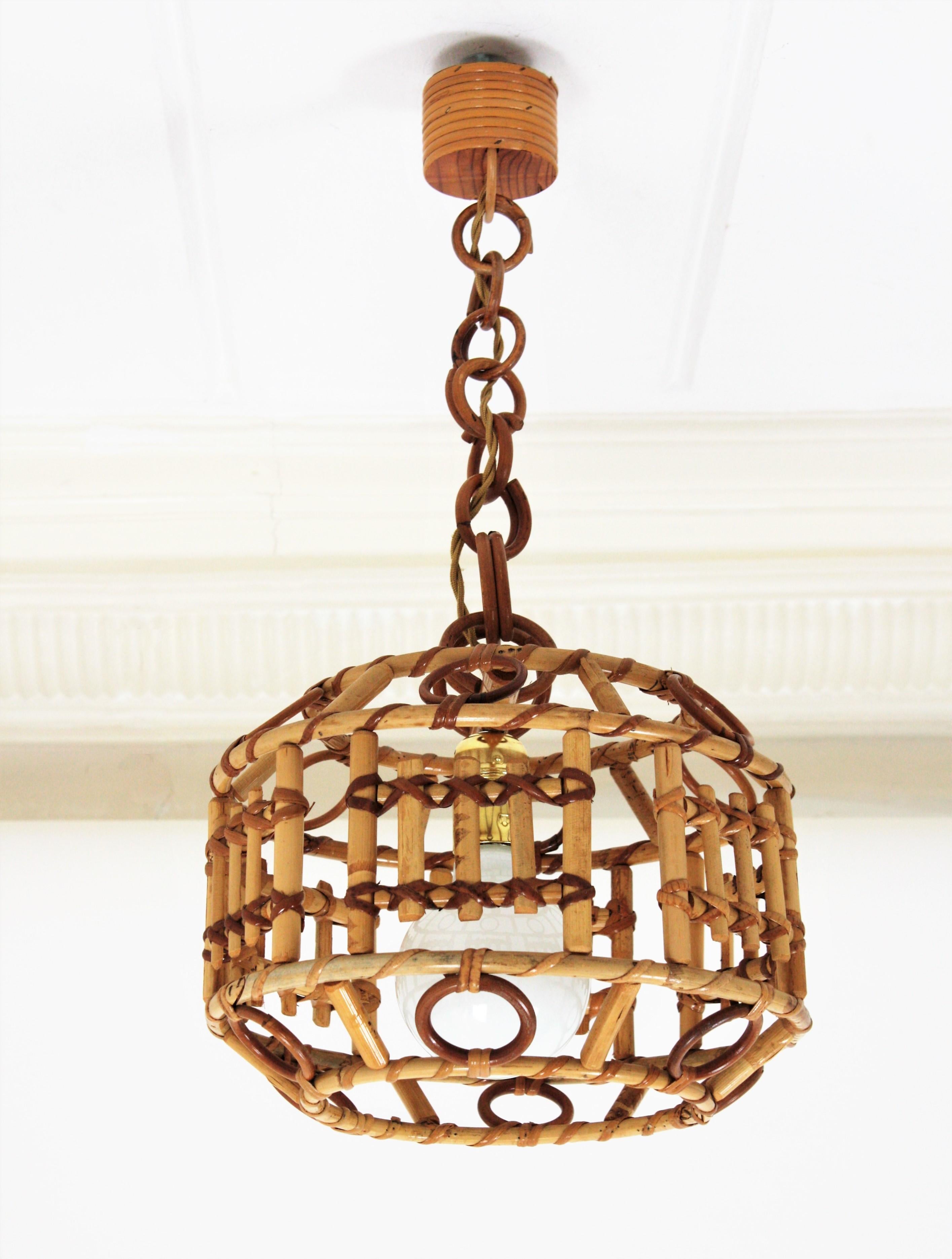 Italian Bamboo and Rattan Modernist Pendant Hanging Lamp, 1960s 5