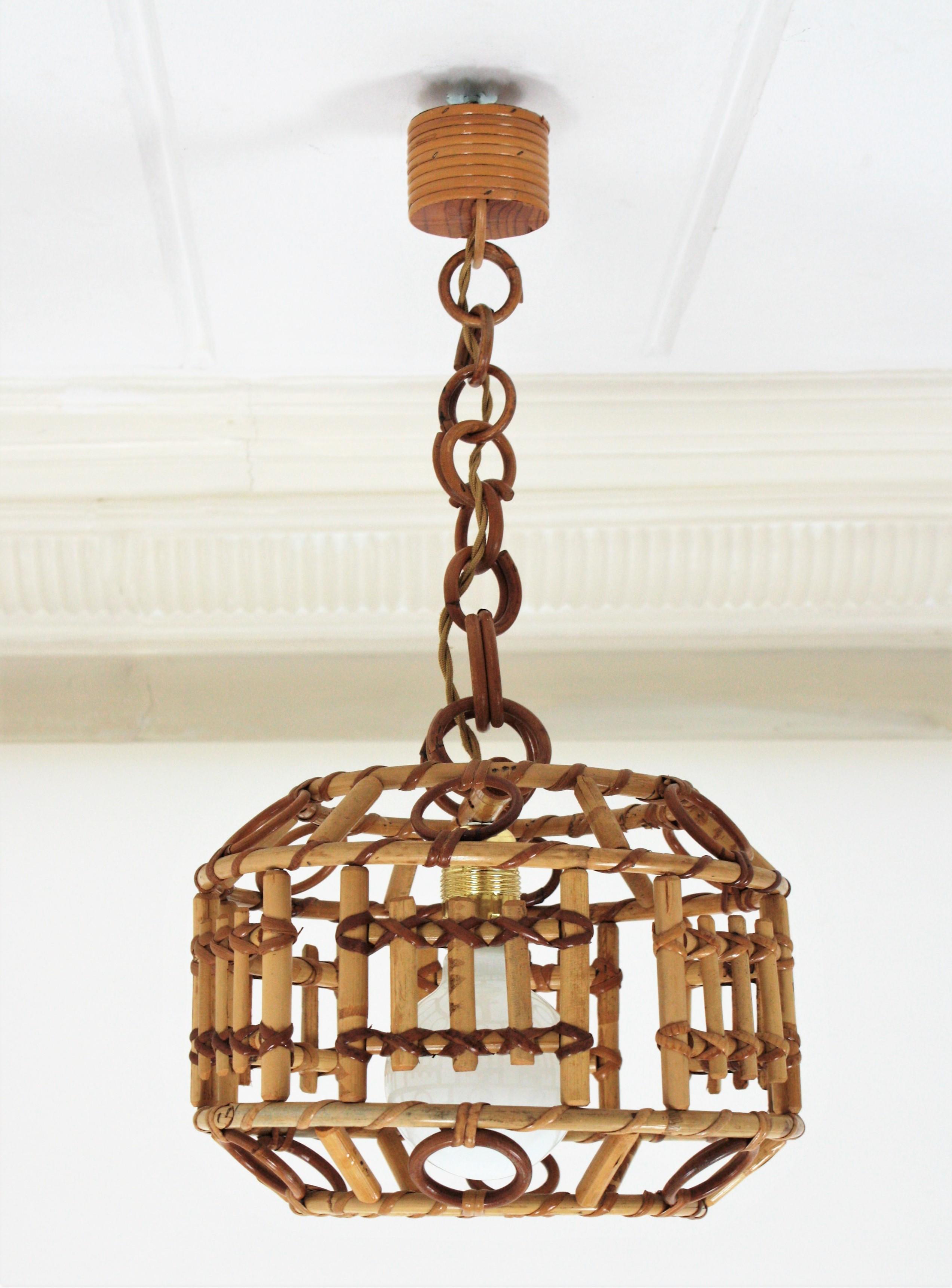 Italian Bamboo and Rattan Modernist Pendant Hanging Lamp, 1960s 6