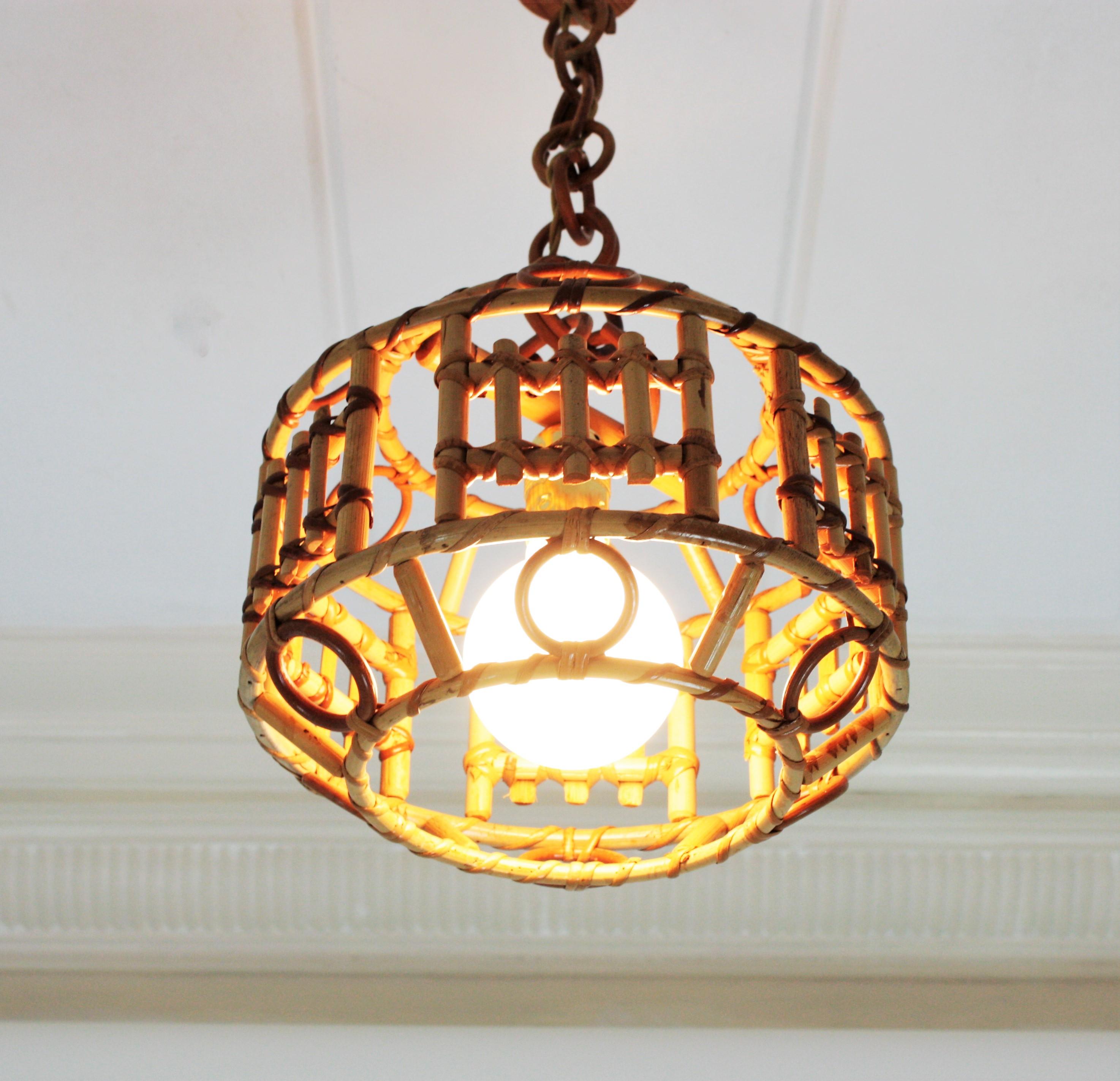 Italian Bamboo and Rattan Modernist Pendant Hanging Lamp, 1960s 8