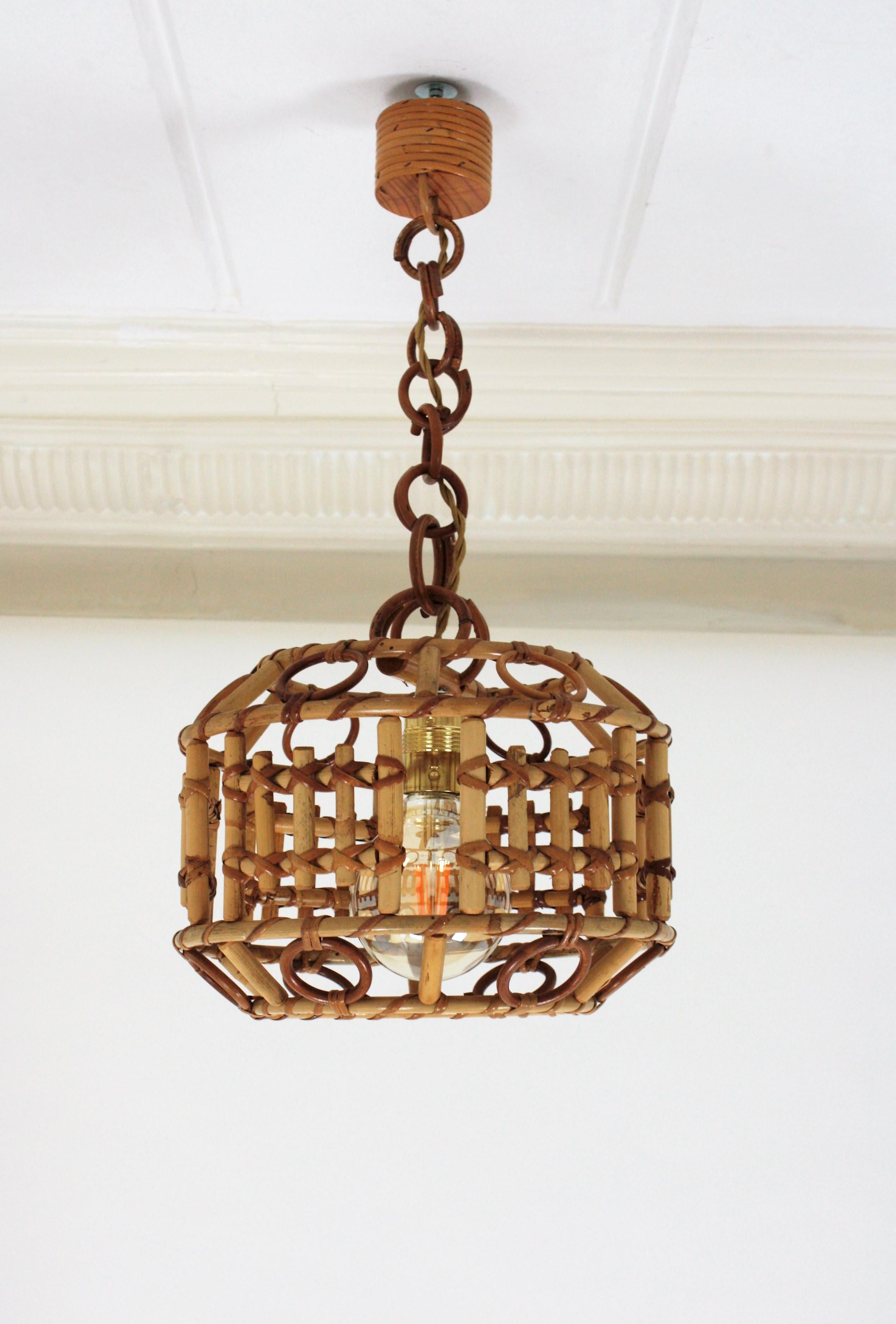 Italian Bamboo and Rattan Modernist Pendant Hanging Lamp, 1960s 9