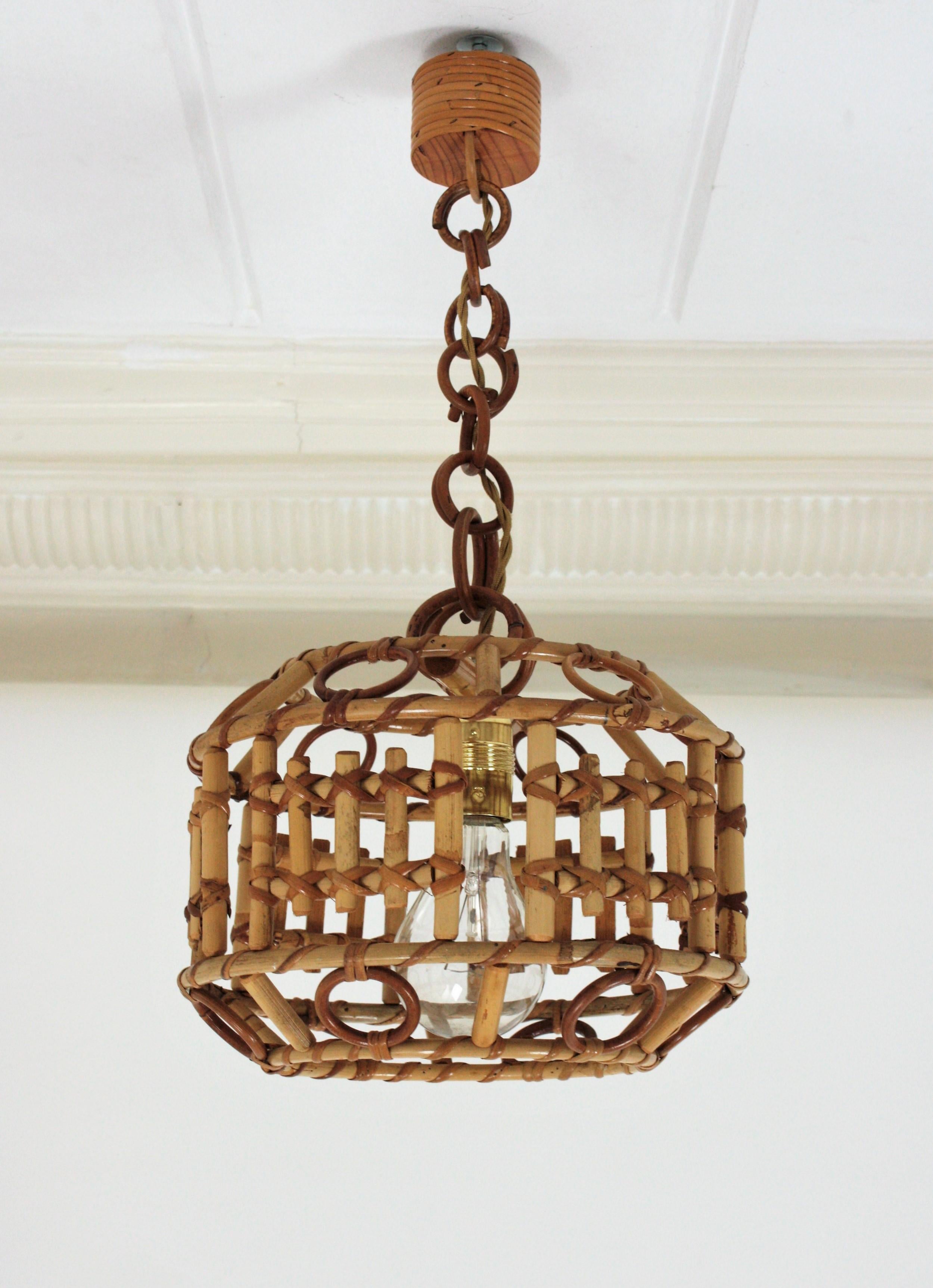 Italian Bamboo and Rattan Modernist Pendant Hanging Lamp, 1960s 13