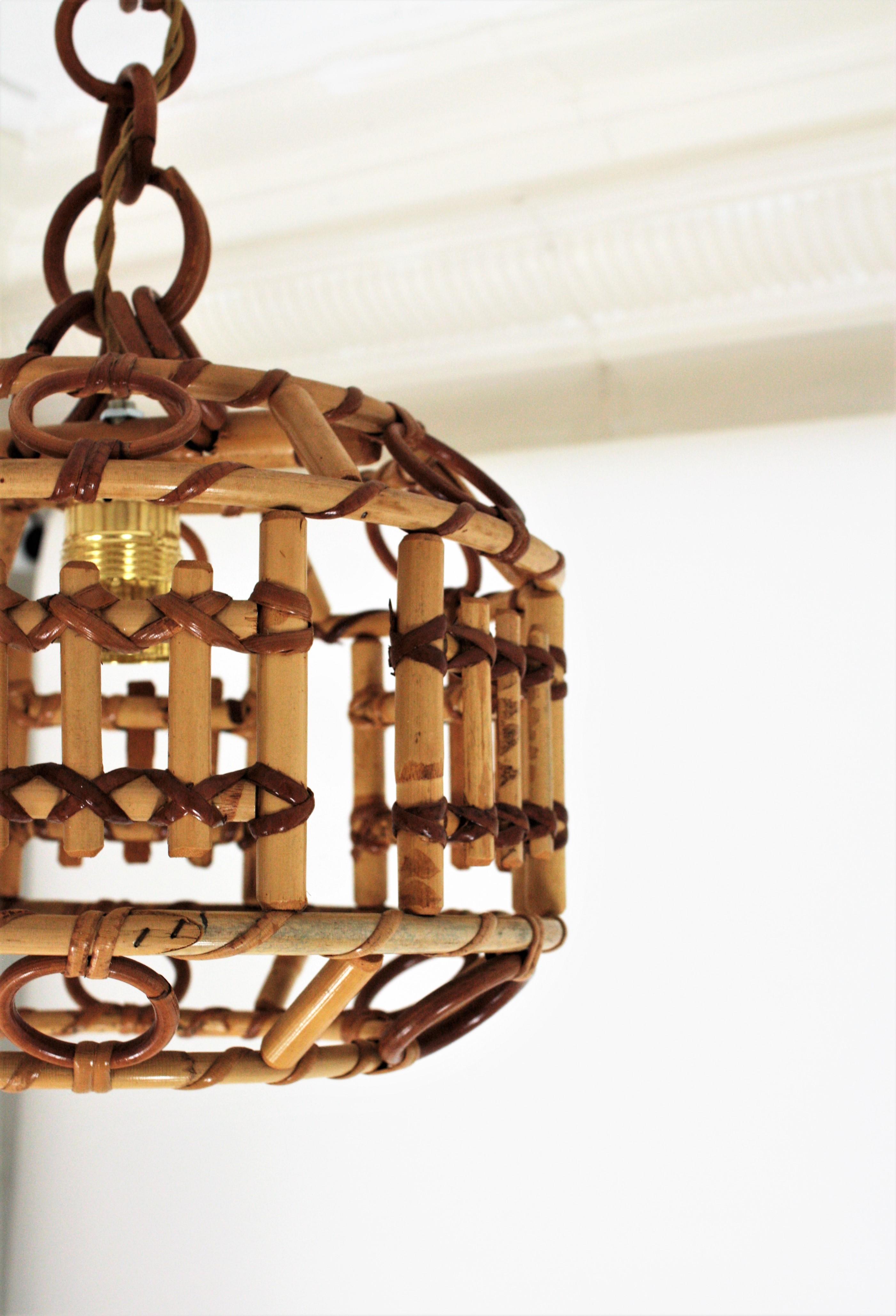 Mid-Century Modern Italian Bamboo and Rattan Modernist Pendant Hanging Lamp, 1960s