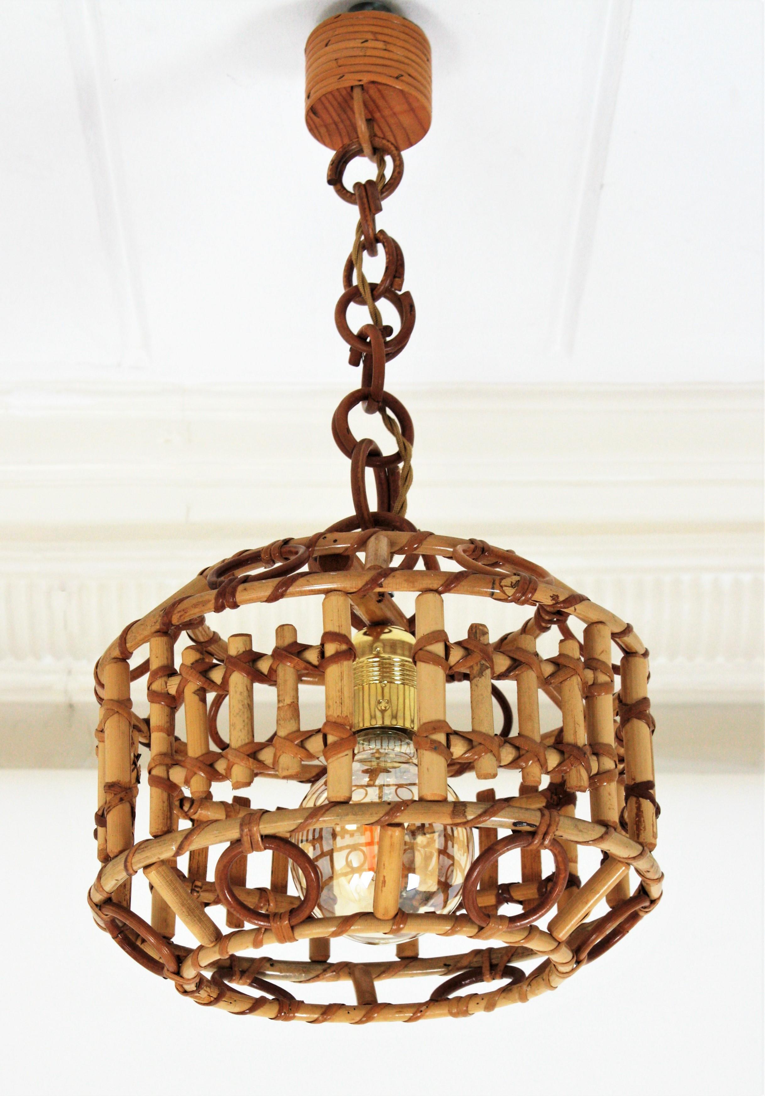 20th Century Italian Bamboo and Rattan Modernist Pendant Hanging Lamp, 1960s