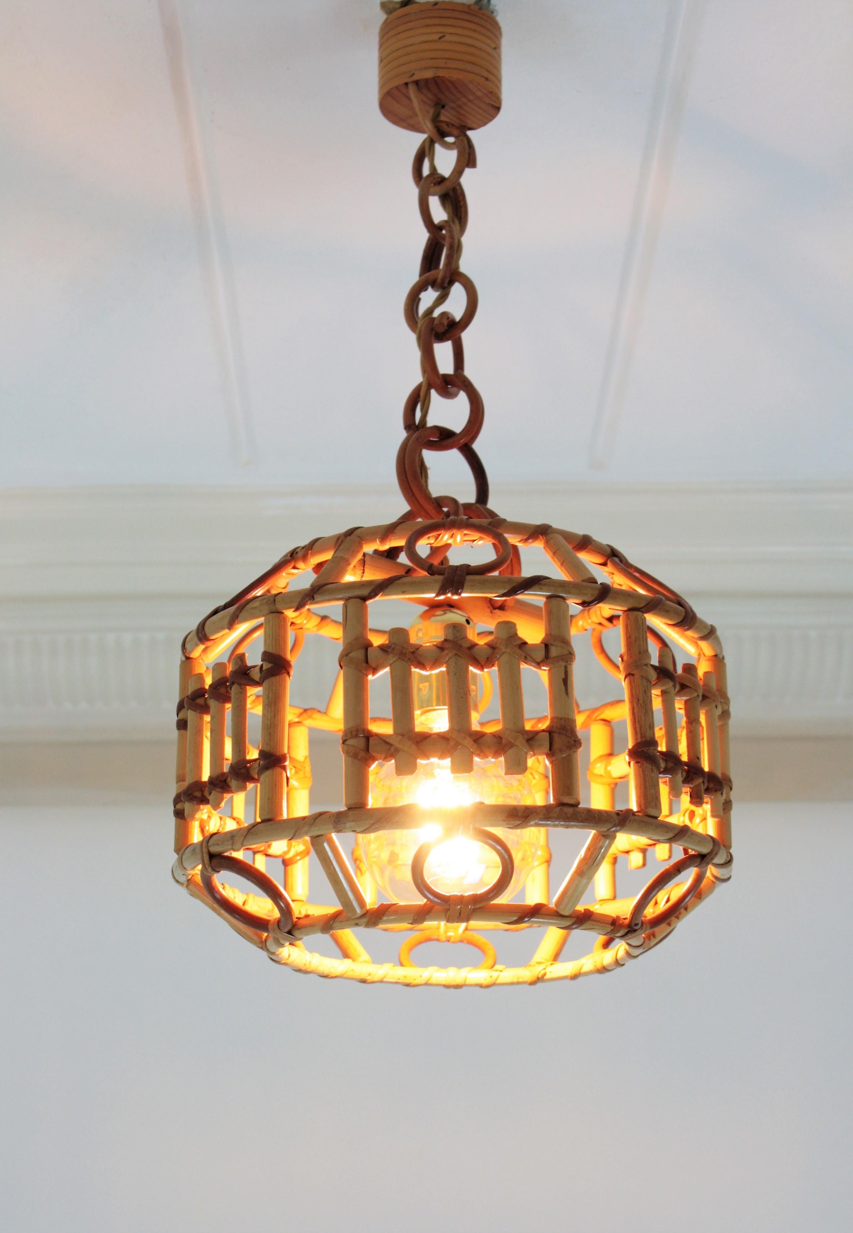 Italian Bamboo and Rattan Modernist Pendant Hanging Lamp, 1960s 1