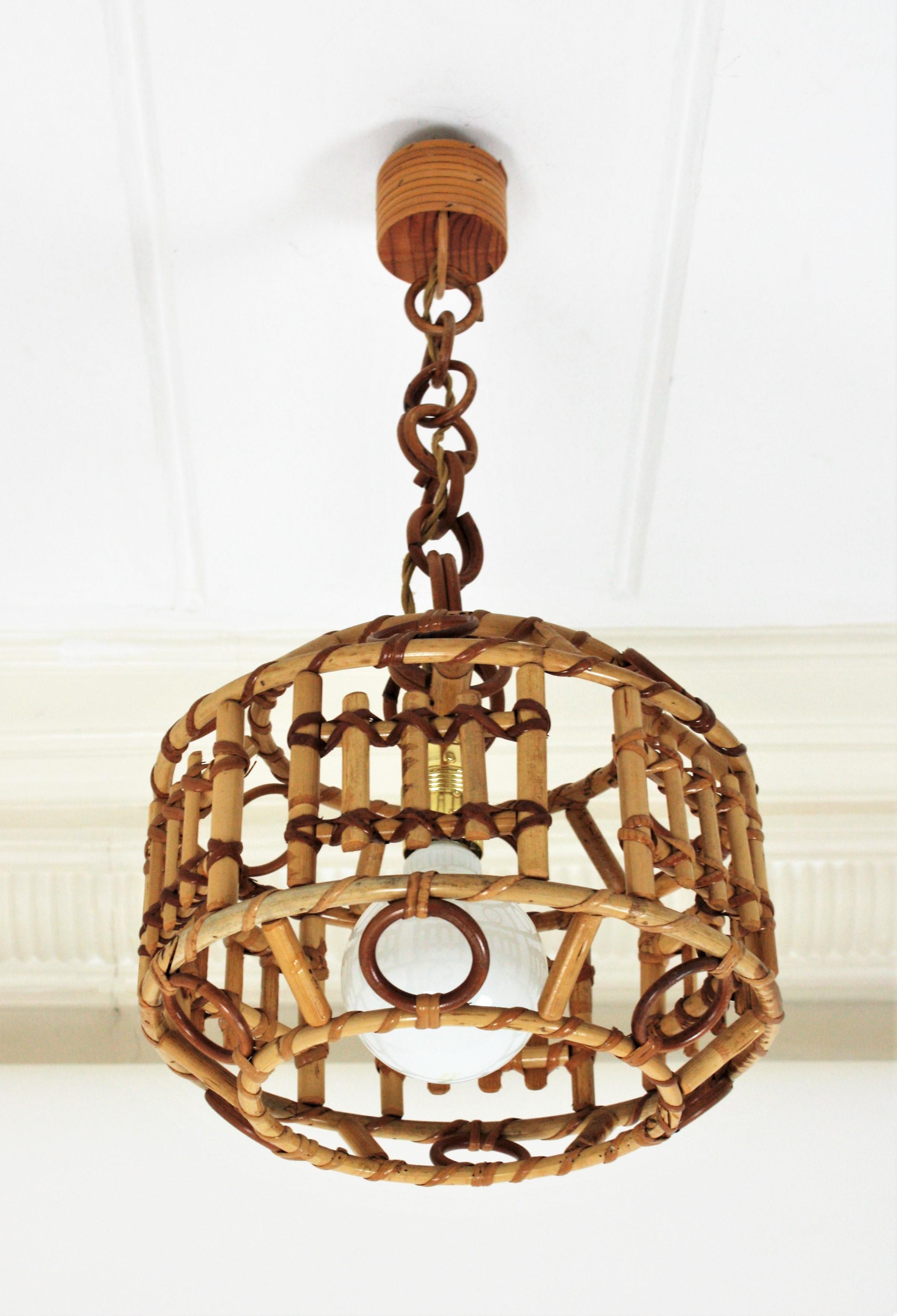 Italian Bamboo and Rattan Modernist Pendant Hanging Lamp, 1960s 3