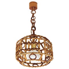 Italian Bamboo and Rattan Modernist Pendant Hanging Lamp, 1960s