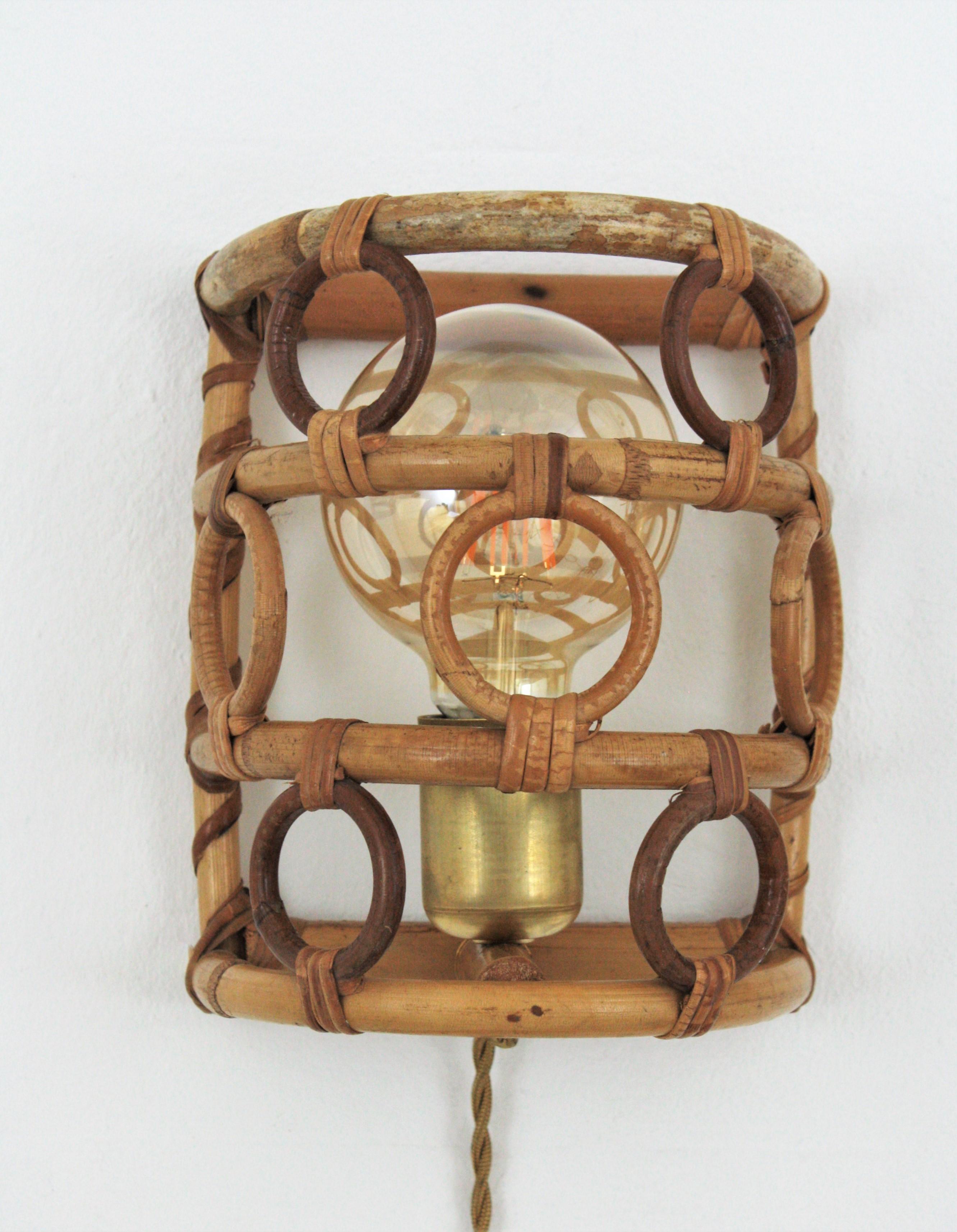 Wicker Rattan Italian Modernist Wall Sconces, Set of Three For Sale