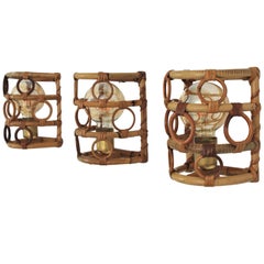 Vintage Rattan Italian Modernist Wall Sconces, Set of Three