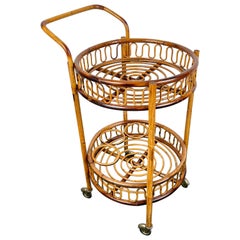 Italian Bamboo and Rattan Round Serving Bar Cart, 1960s