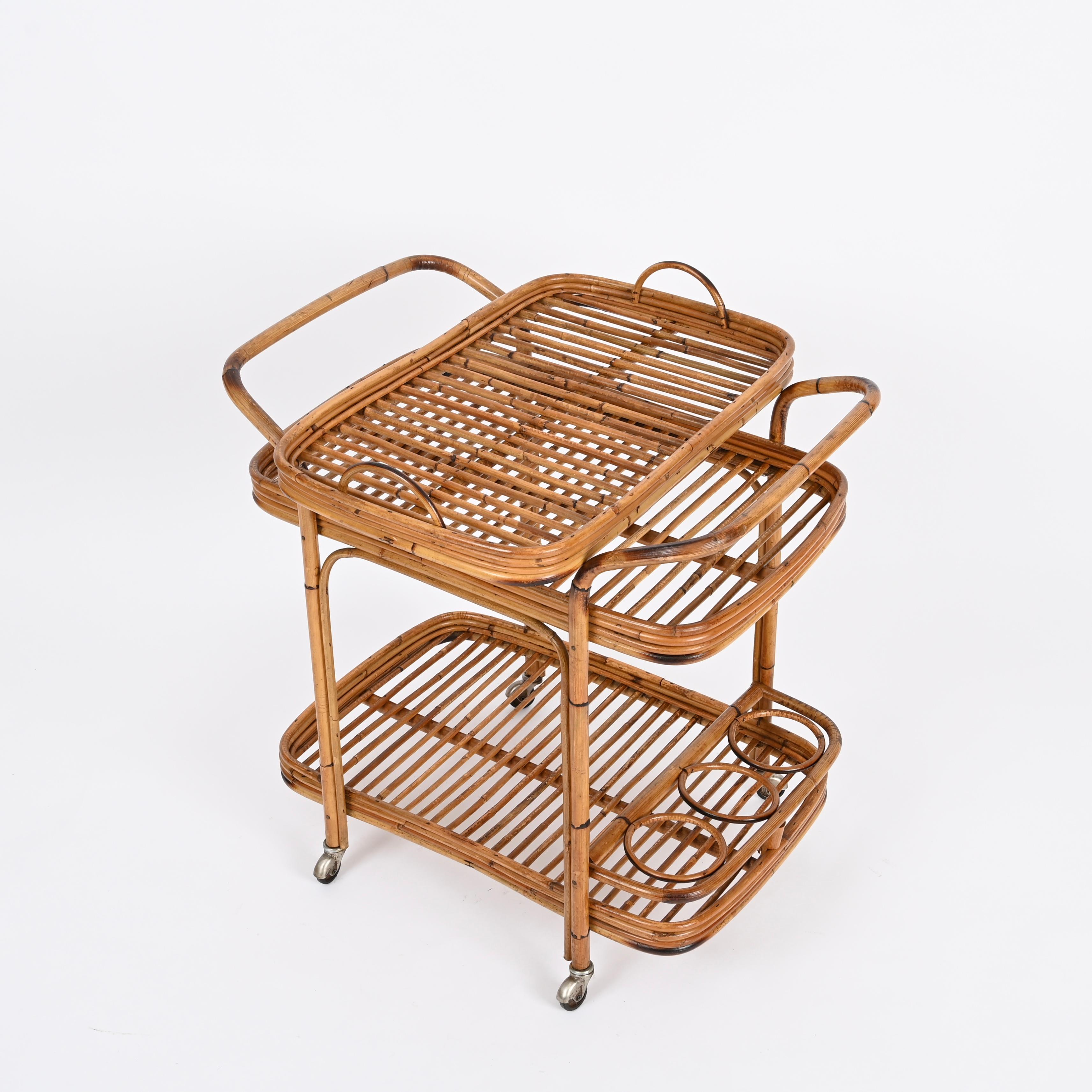 Italian Bamboo and Rattan Serving Bar Cart w/ Removable Top Tray, 1960s For Sale 4