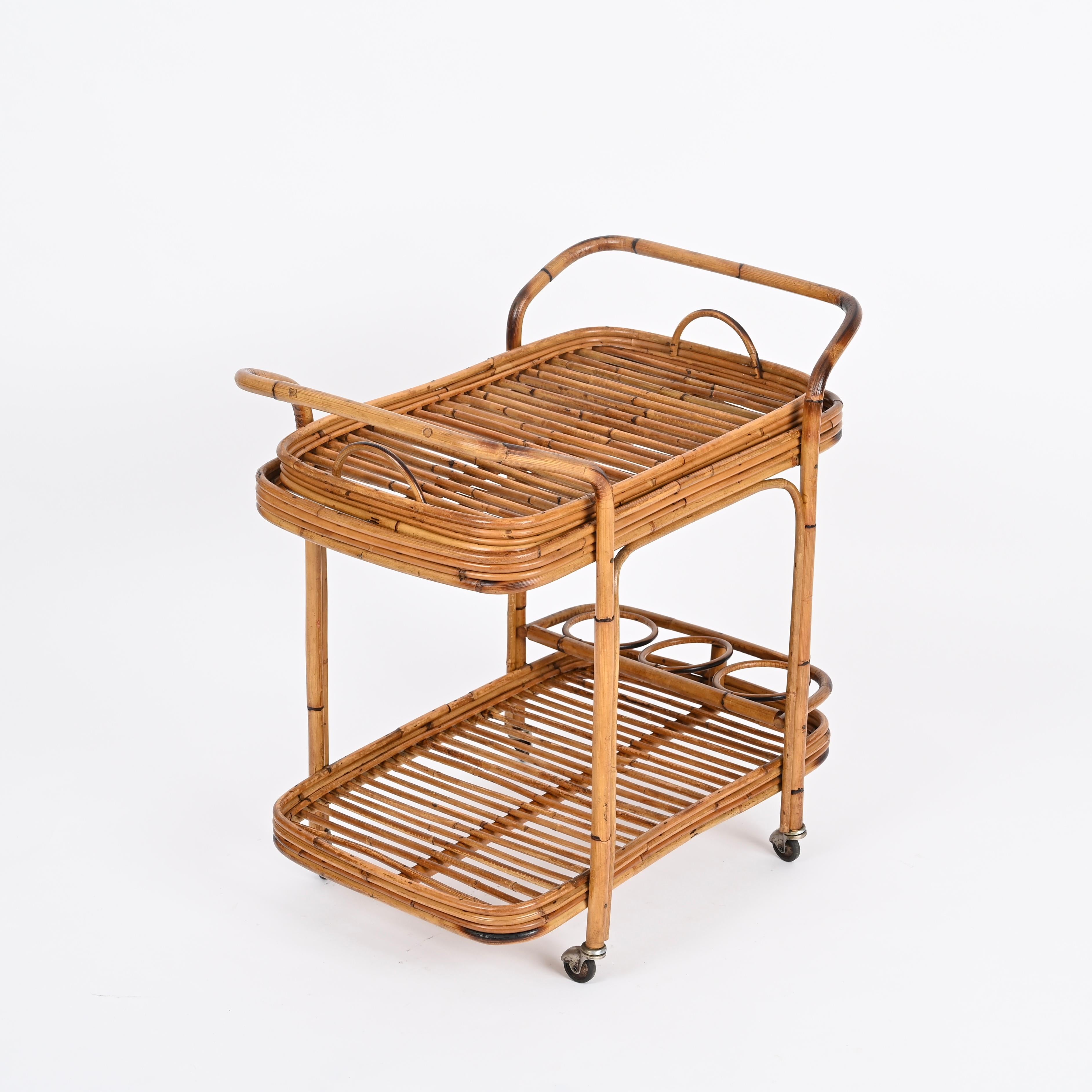 Italian Bamboo and Rattan Serving Bar Cart w/ Removable Top Tray, 1960s For Sale 5