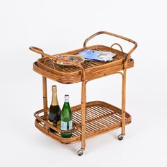 Italian Bamboo and Rattan Serving Bar Cart w/ Removable Top Tray, 1960s