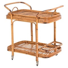 Carrello da bar in bambù e rattan con vassoio superiore rimovibile, anni '60