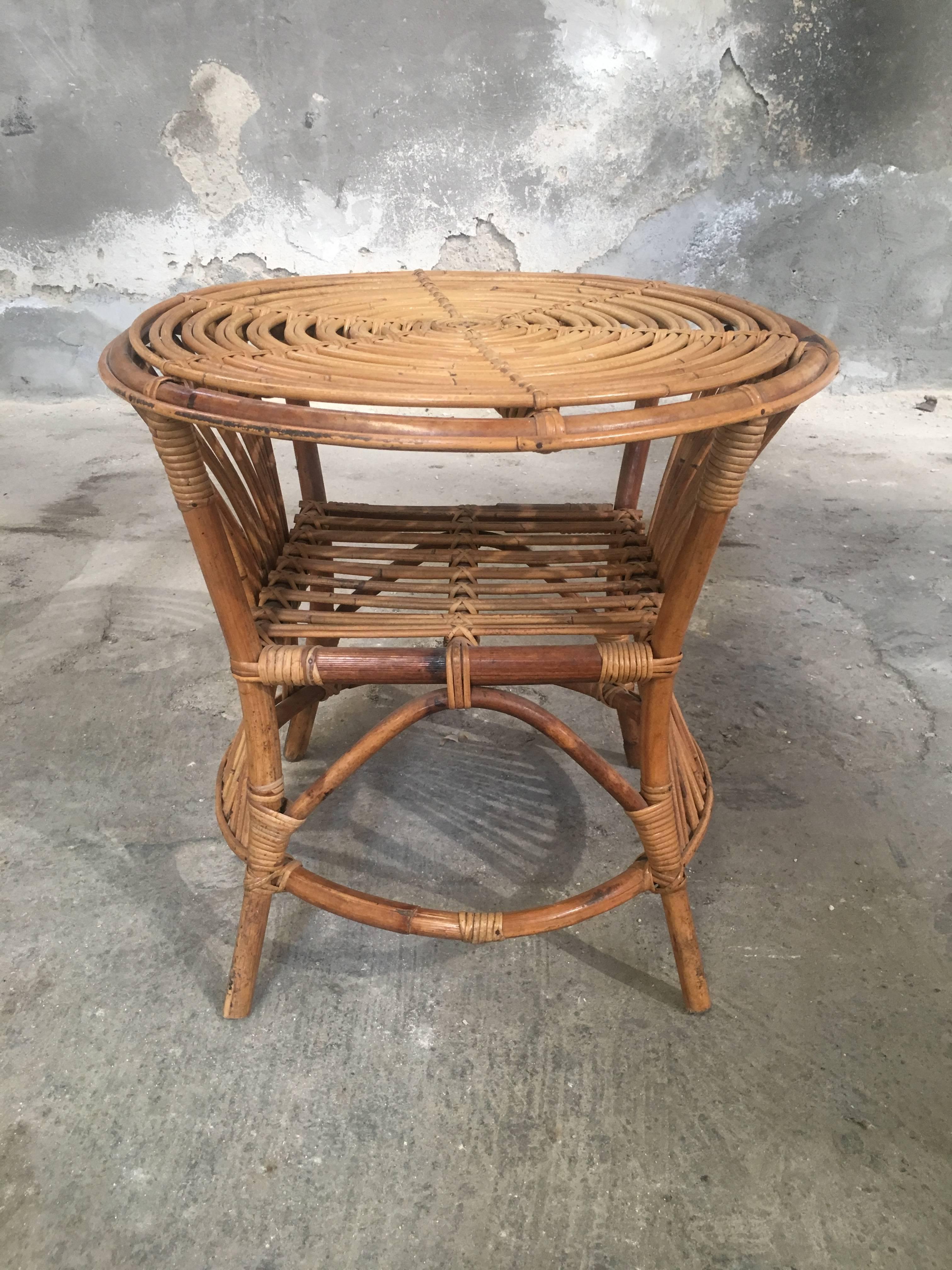 Mid-Century Modern Italian Bamboo and Rattan Side Table from 1950s