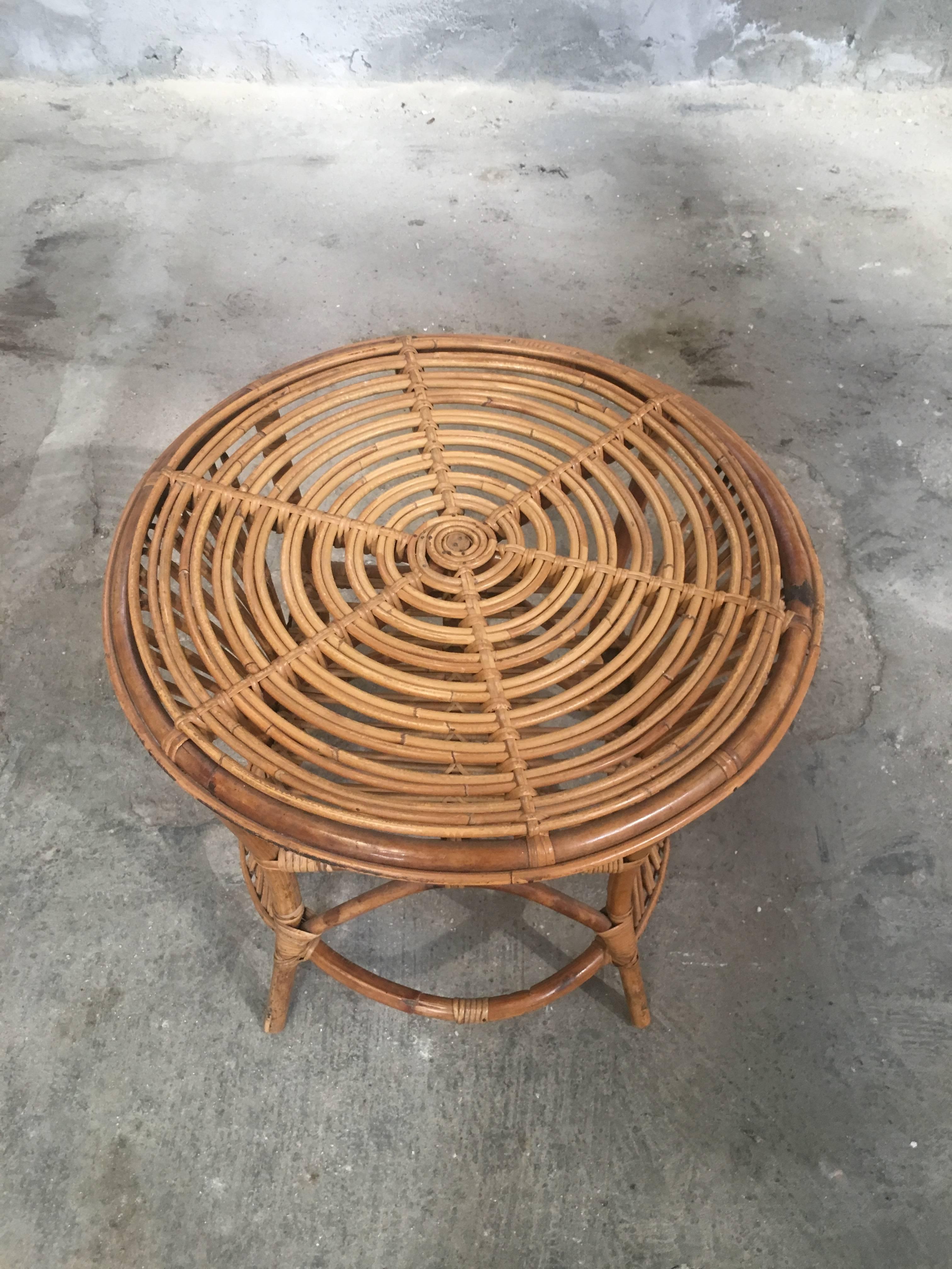 Mid-20th Century Italian Bamboo and Rattan Side Table from 1950s
