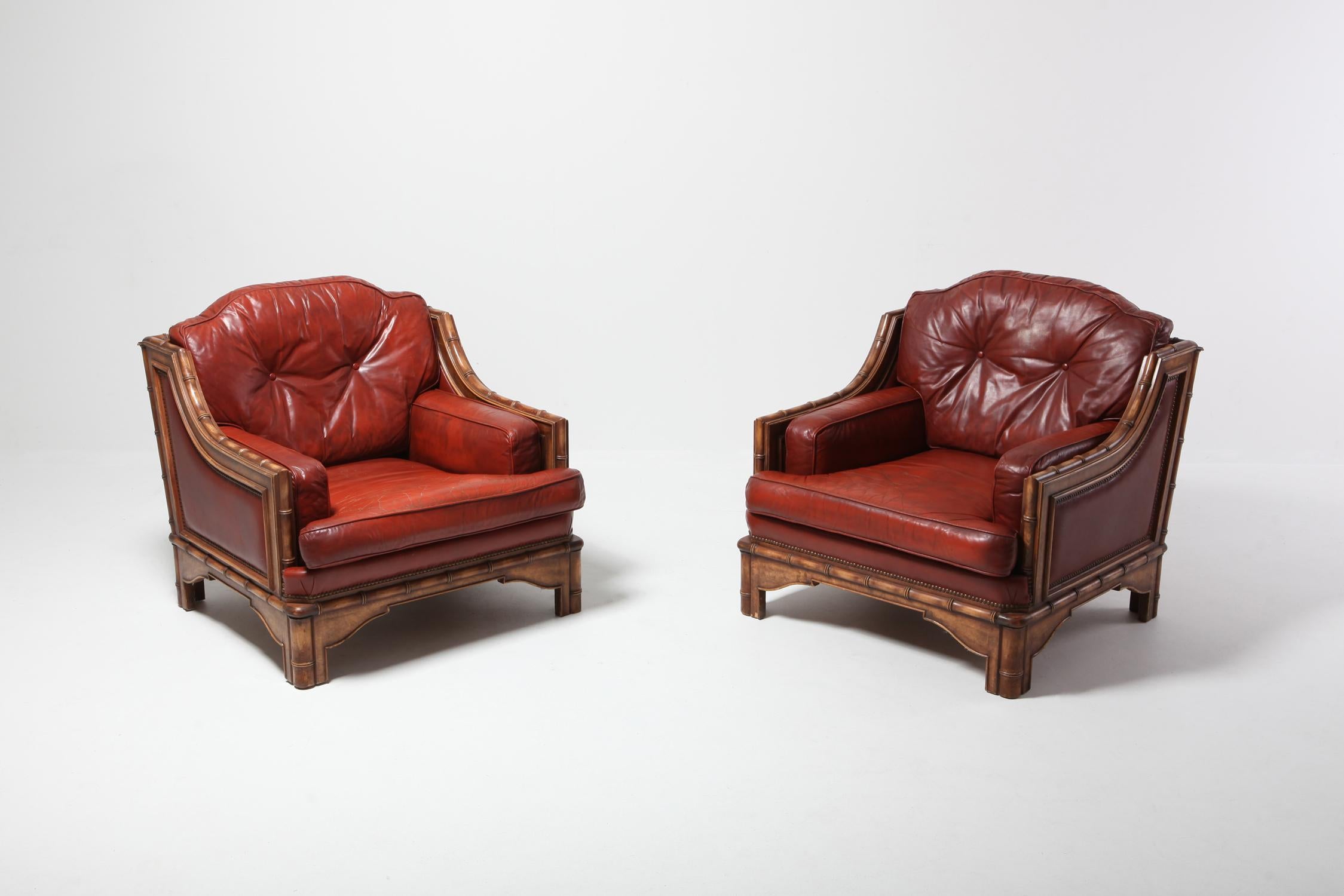 Hollywood Regency Italian Bamboo and Red Leather Easy Chairs