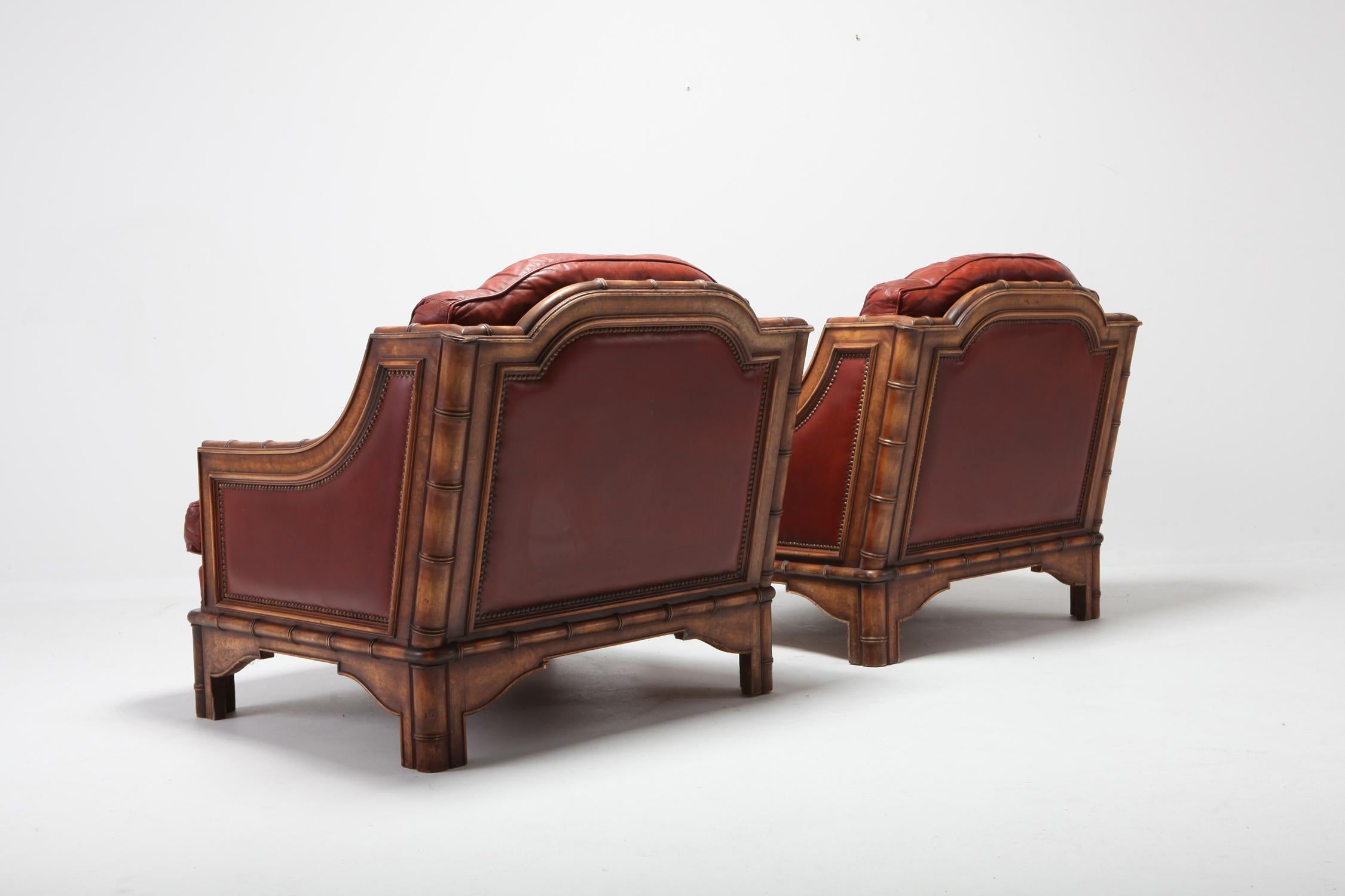 Late 20th Century Italian Bamboo and Red Leather Easy Chairs