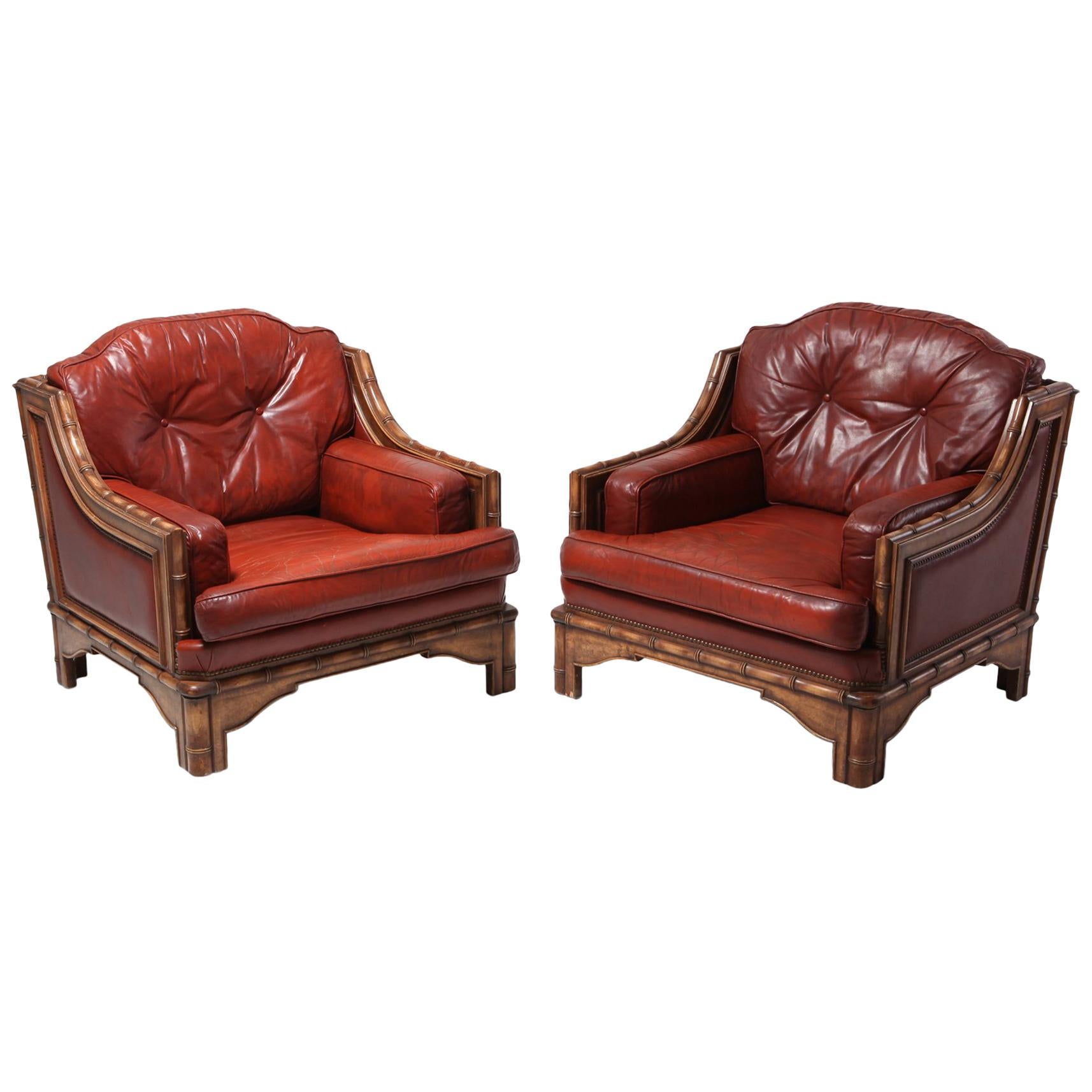 Italian Bamboo and Red Leather Easy Chairs
