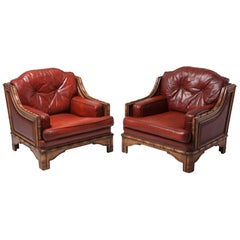 Italian Bamboo and Red Leather Easy Chairs