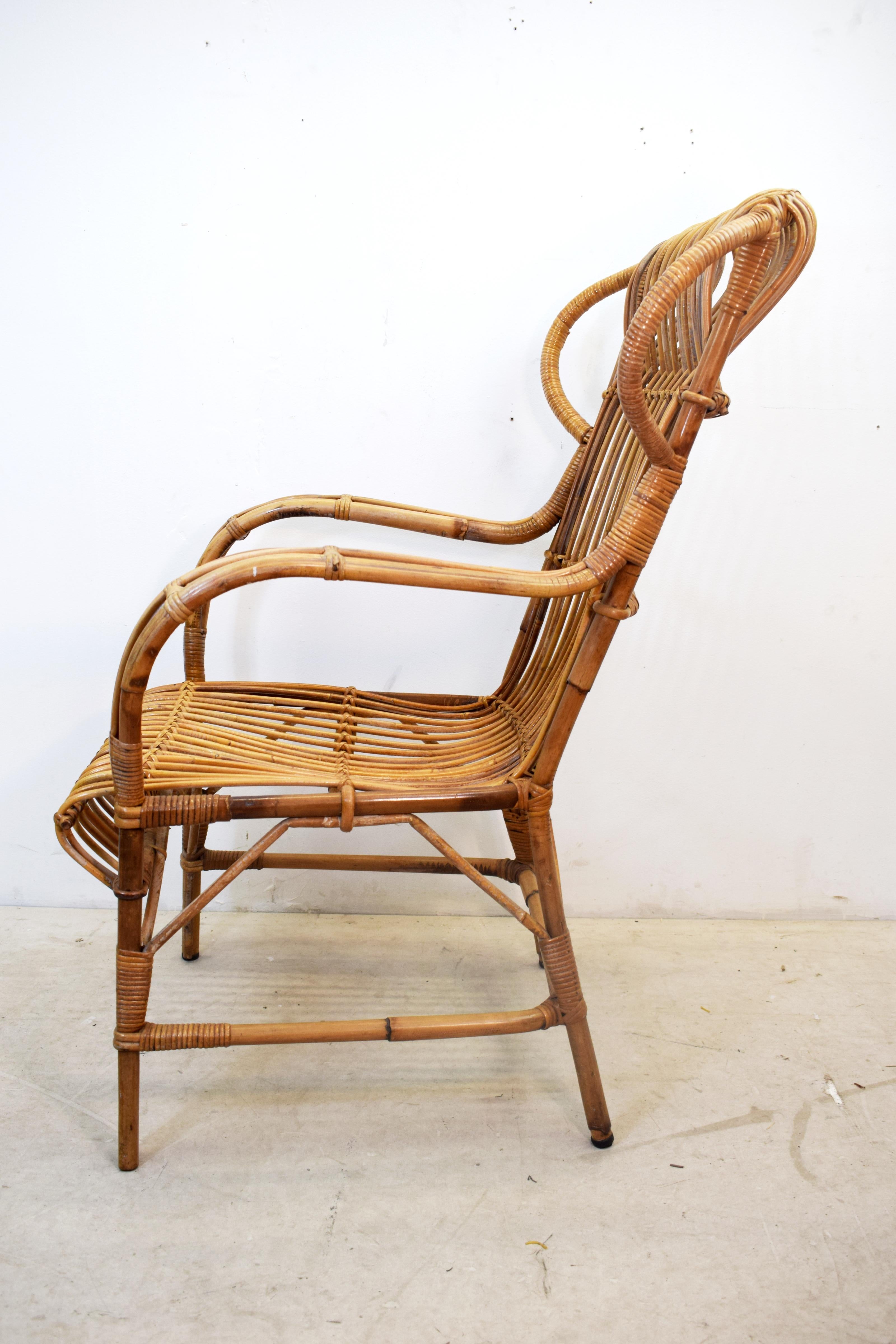 Mid-Century Modern Italian bamboo armchair with pouf, 1960s