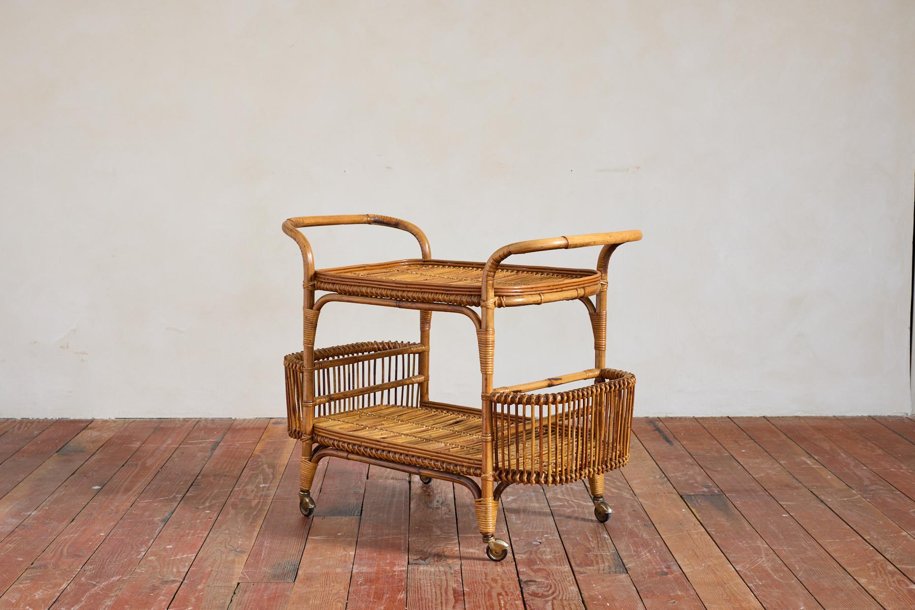 Mid-20th Century Italian Bamboo Bar Cart For Sale