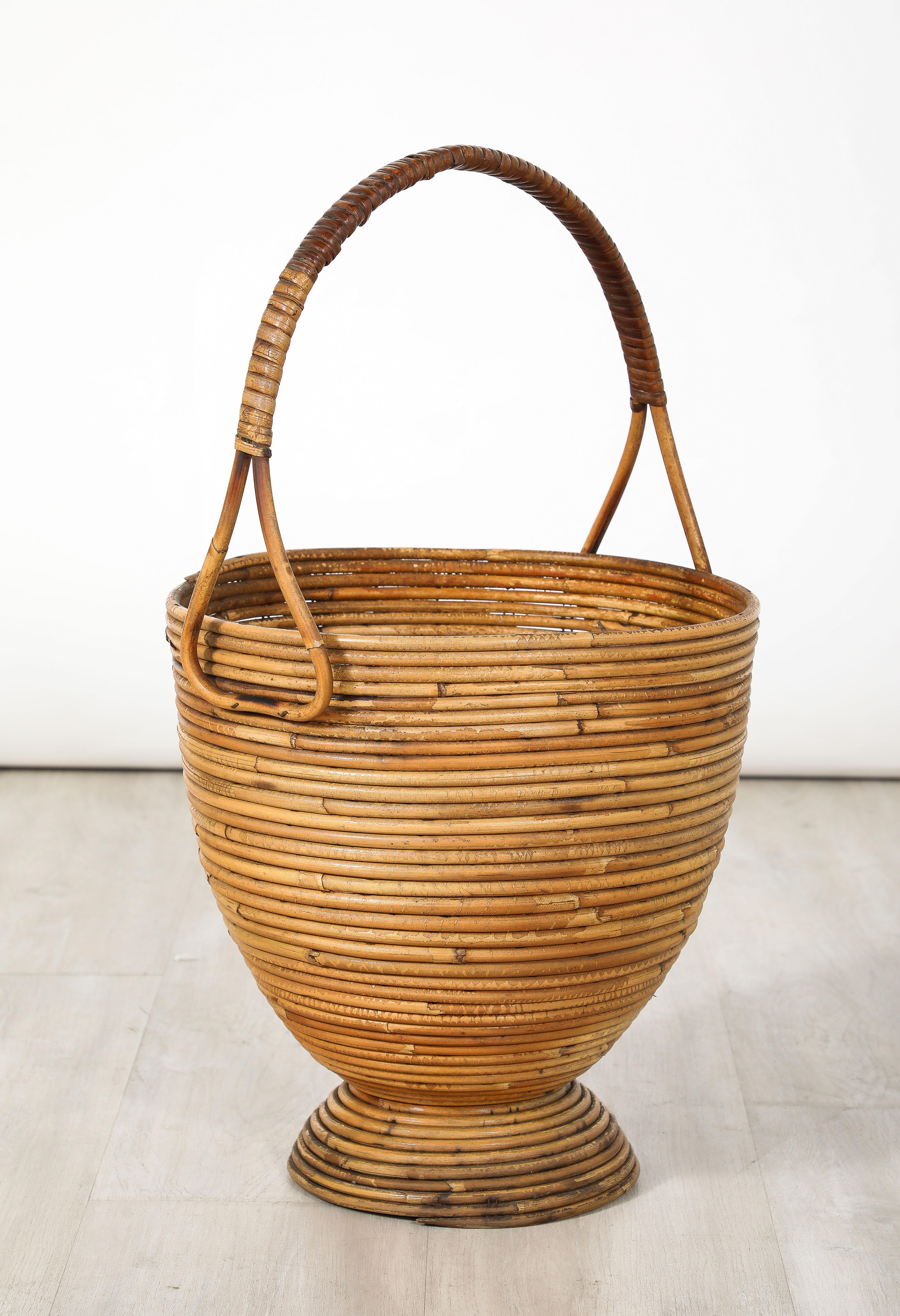 Italian Bamboo Basket with Handle, Italy, circa 1950  In Good Condition For Sale In New York, NY
